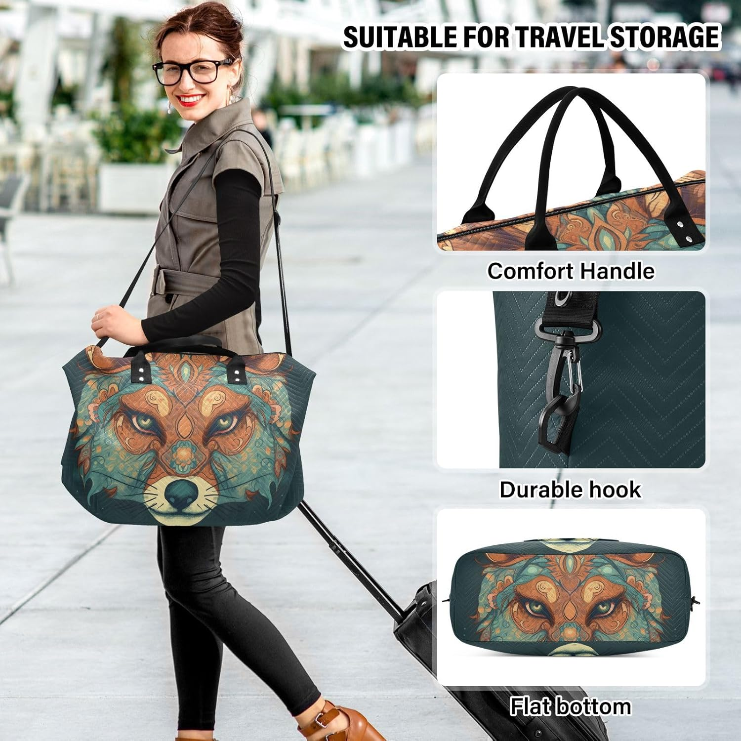 XYMZR Large Travel Duffel Bag, Boho Fox Face Sports Tote Gym Bag, Shoulder Weekender Overnight Bag for Women Men, Carry on Luggage with Toiletry Bags, Multi-Colored, Multi-Colored image number 3