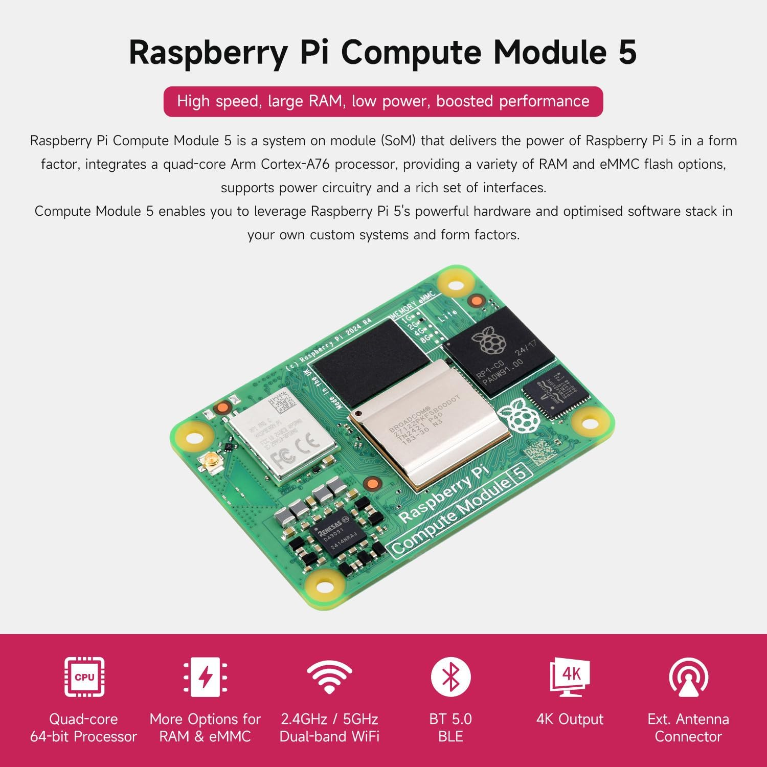 Waveshare CM5 Pi Compute Module 5, Comes with an Official Raspberry Pi CM5108000 (With Wire-Less, 8GB RAM, 0GB (Lite) Emmc Flash), an Antenna Kit and a HEATSINK (3 Items)