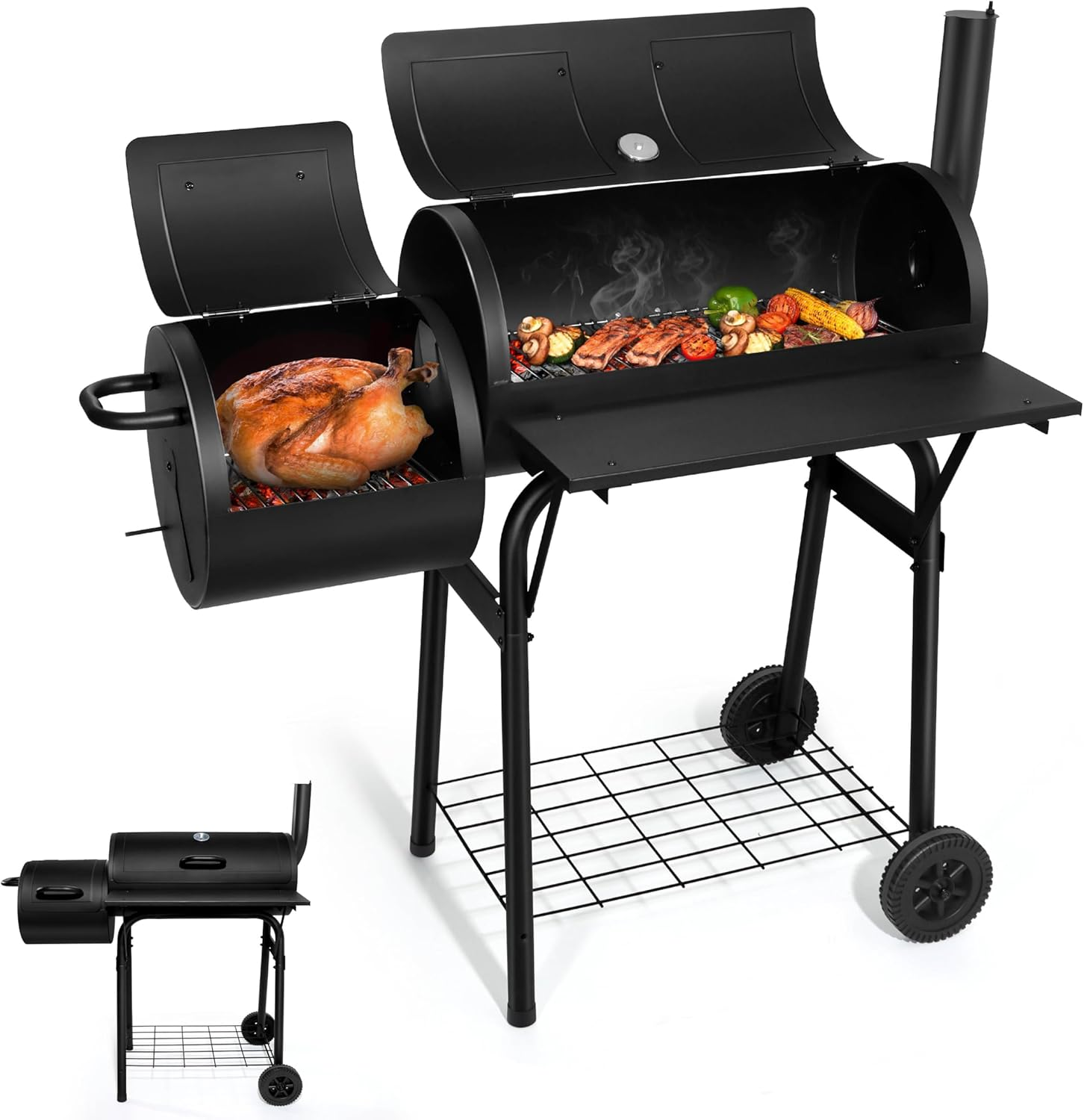Charcoal Grills Outdoor BBQ Grill, Barrel Charcoal Grill with Side Table, with Nearly 438 Sq.In. Cooking Area, Cooking Space for 6-10 People, Ideal for Camping and Backyard BBQ image number 3