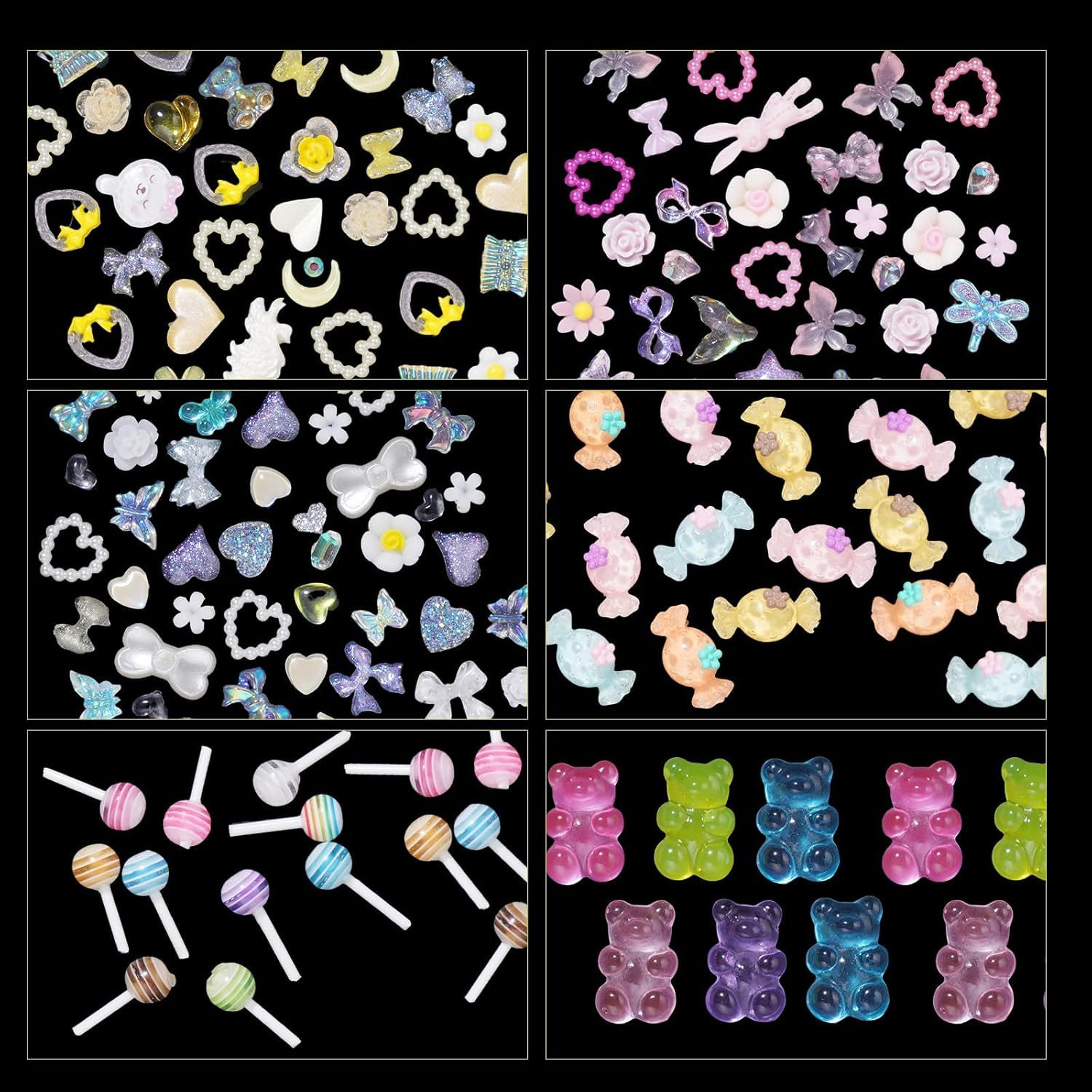 3D Assorted Pearls Cute Bear Lollipop Candy Nail Charms for Manicure Crafts Accessories Set - Colorful Flower Heart Butterfly Bow Star Nail Charms