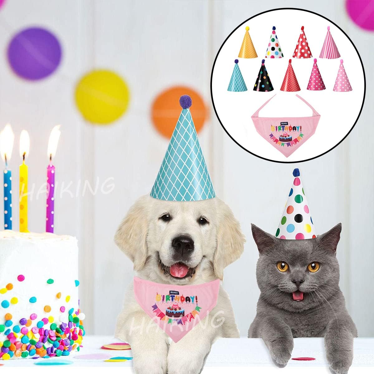 HAIKING Dog Birthday Bandana and Hat Set, 9 Pcs Mixed Color Triangle Birthday Dog Cute Hat with 1 Pcs Adjustable Birthday Bandana for Pet Party Celebrate image number 2