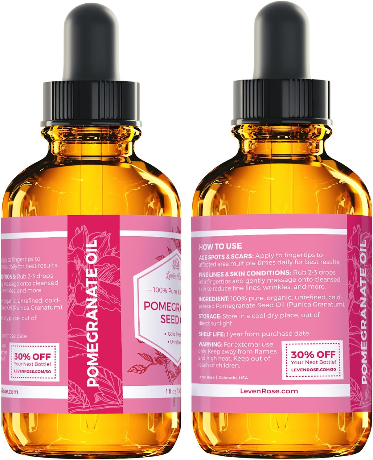 Leven Rose Pomegranate Seed Oil, 100% Pure Unrefined Cold Pressed Antioxidant Moisturizer for Hair Skin and Nails 1 Oz image number 2