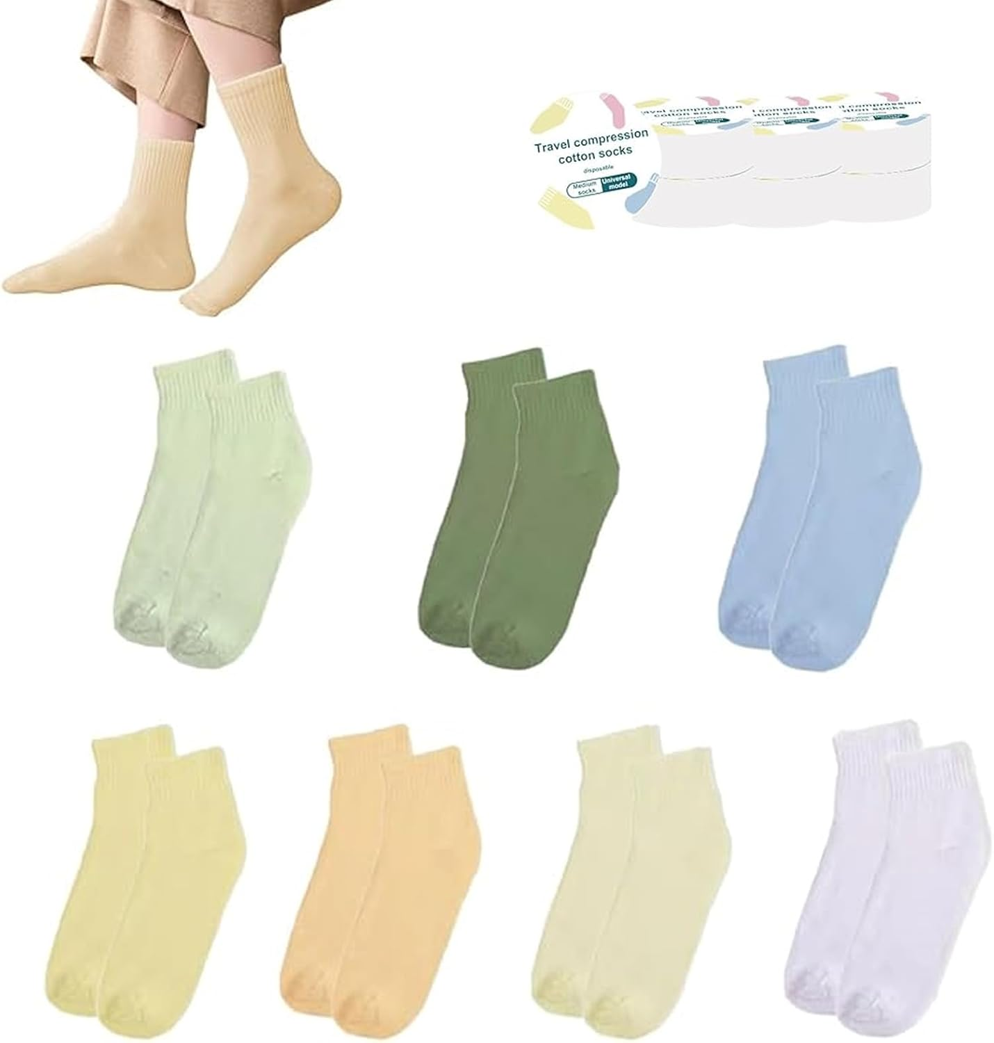 7-Pairs Disposable Travel Socks &ndash; Travel Essentials Single-Use Compression Socks for Men & Women Calf Crew Socks Comfortable Soft Cotton and Lightweight 7 Pairs image number 5