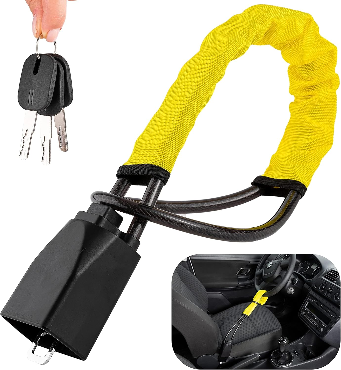 KAYCENTOP Car Steering Wheel Lock, Seat Belt Lock, Anti-Theft Device, Max 17 Inch Length, Small and Light-Weight, Multi-Functional, Fit Most Vehicle, SUV, Golf Cart Security (Bule) (Yellow) image number 4