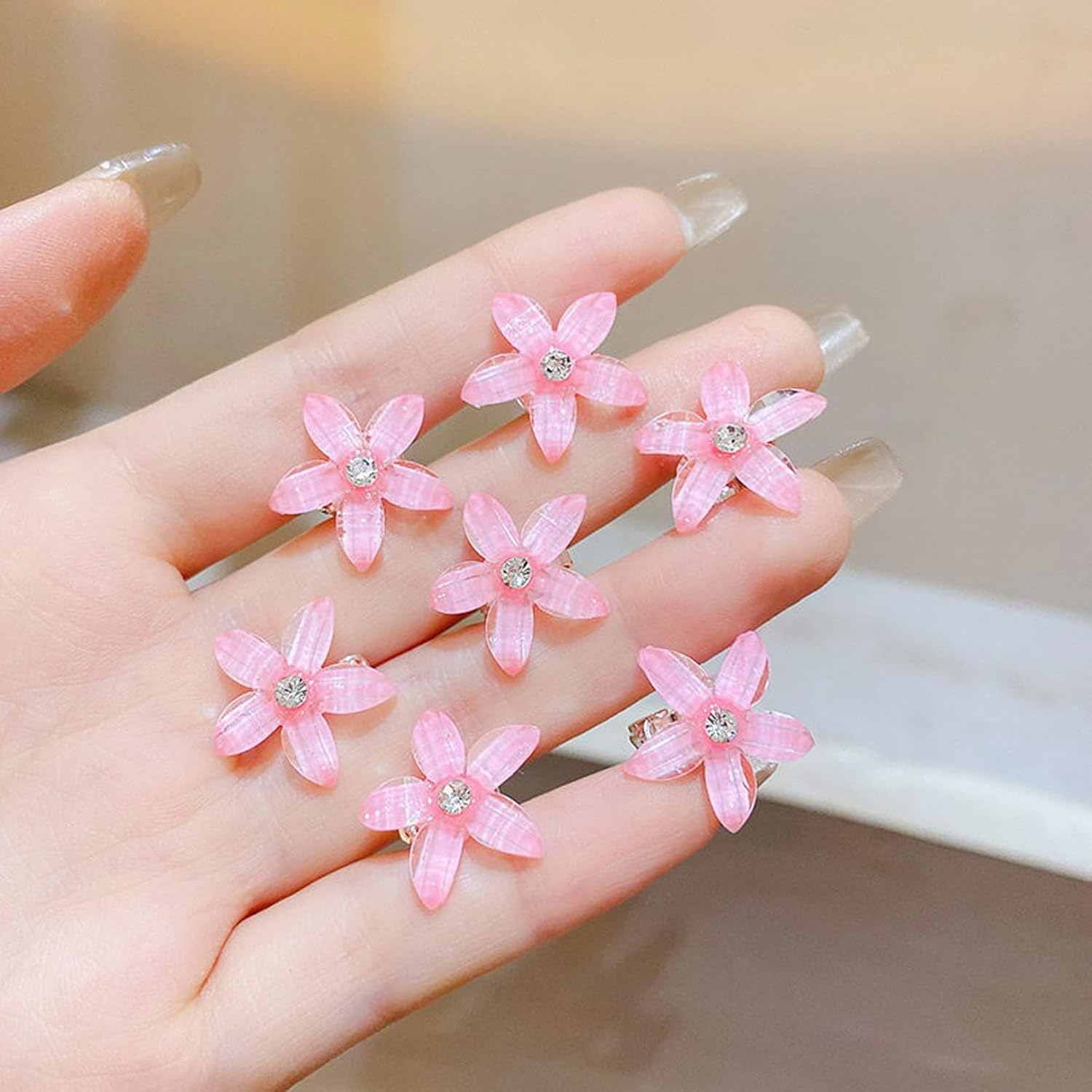 Pack of 10 Flower Hair Clips, Small Hair Clips, Girls' Hair Accessories with Rhinestones, Small Accessories Hair Clip, Flower Hair Accessories, Orchid Hair Clip Set, for Girls and Women (Pink) image number 6