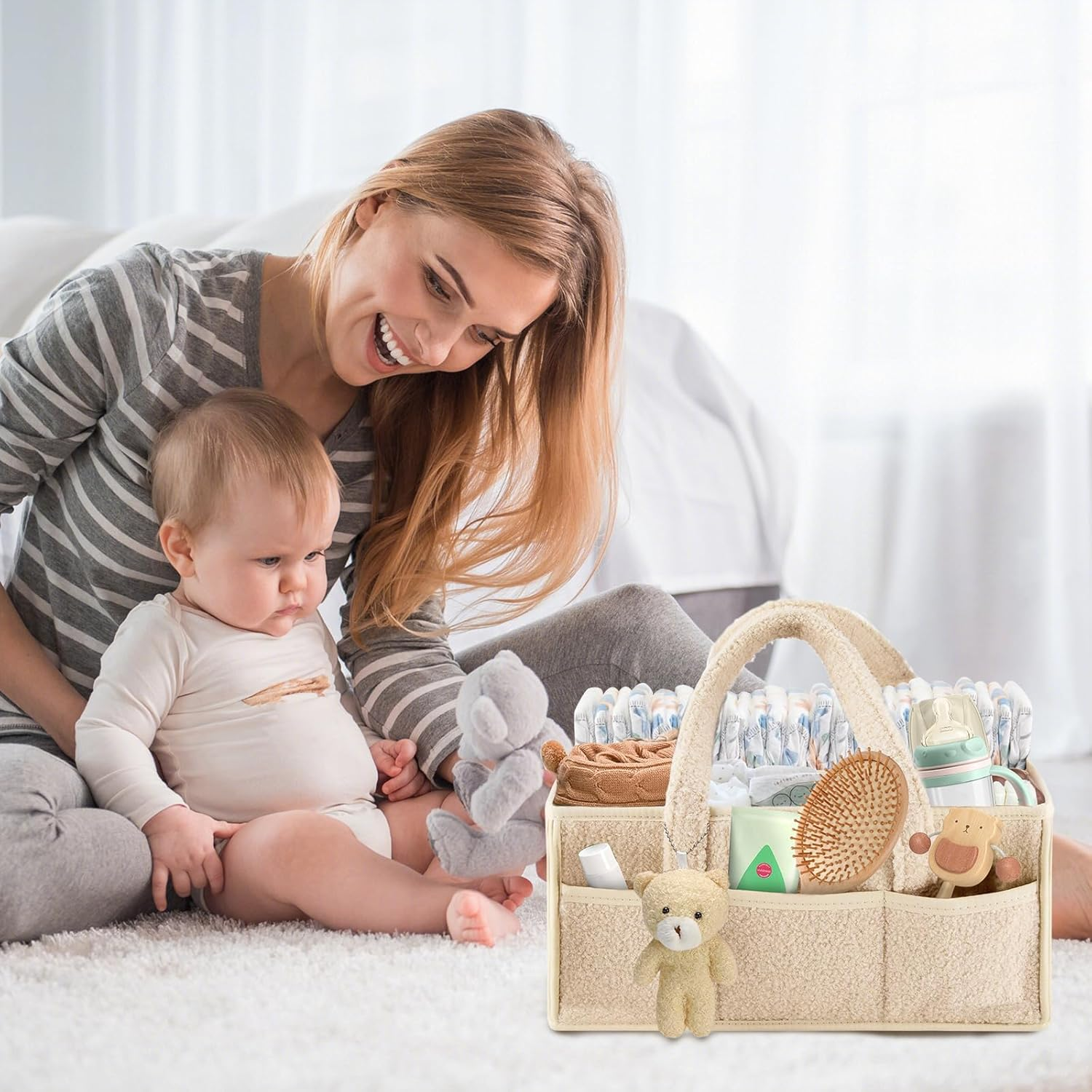 Baby Nappy Caddy Organiser, Large Diaper Caddy Organizer for Wipes and Diapers, Portable Organizer for Changing Table, Car, Travel Pink - Green image number 5