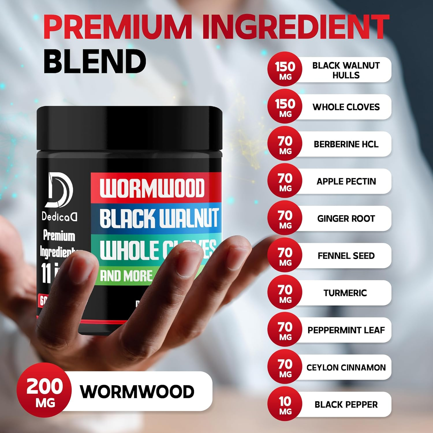 DEDICAD Wormwood Capsules Supplement - Extracted from Black Walnut, Cloves, Turmeric, Apple, Berberine Hcl & More - 11 Ingredients Combined for Immune System, Body Management - 60 Capsules image number 6