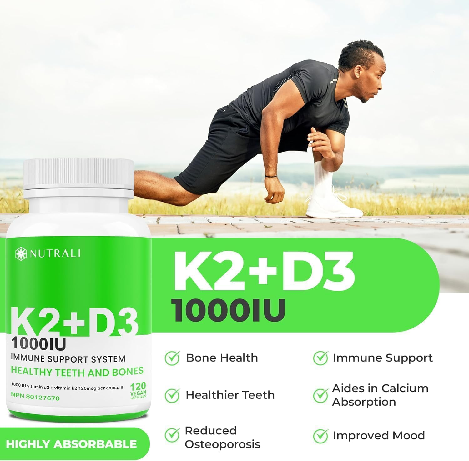 New MAXIMUM STRENGTH Vitamin D3 + K2 Supplement &ndash; 1000IU / 120Mcg, Healthy Teeth and Bones, Immunity Support, MK-7 Form, Calcium Metabolism, Gluten Free. 120 Vegan Capsules. image number 2