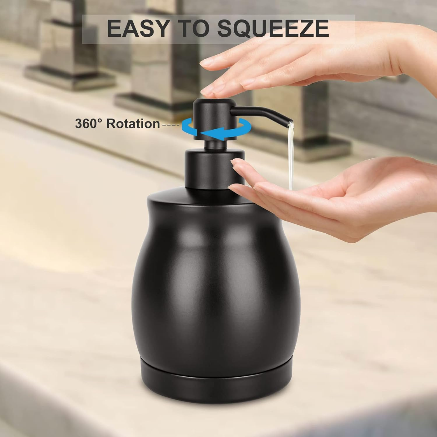 LALA DOLCE Black Stainless Steel Soap Dispenser, Modern Countertop Liquid & Lotion Dispenser for Kitchen and Bathroom-Rustproof Pump, Easy Refill & Clean-Elegant Home or Commercial Use (Black, 390Ml) image number 4