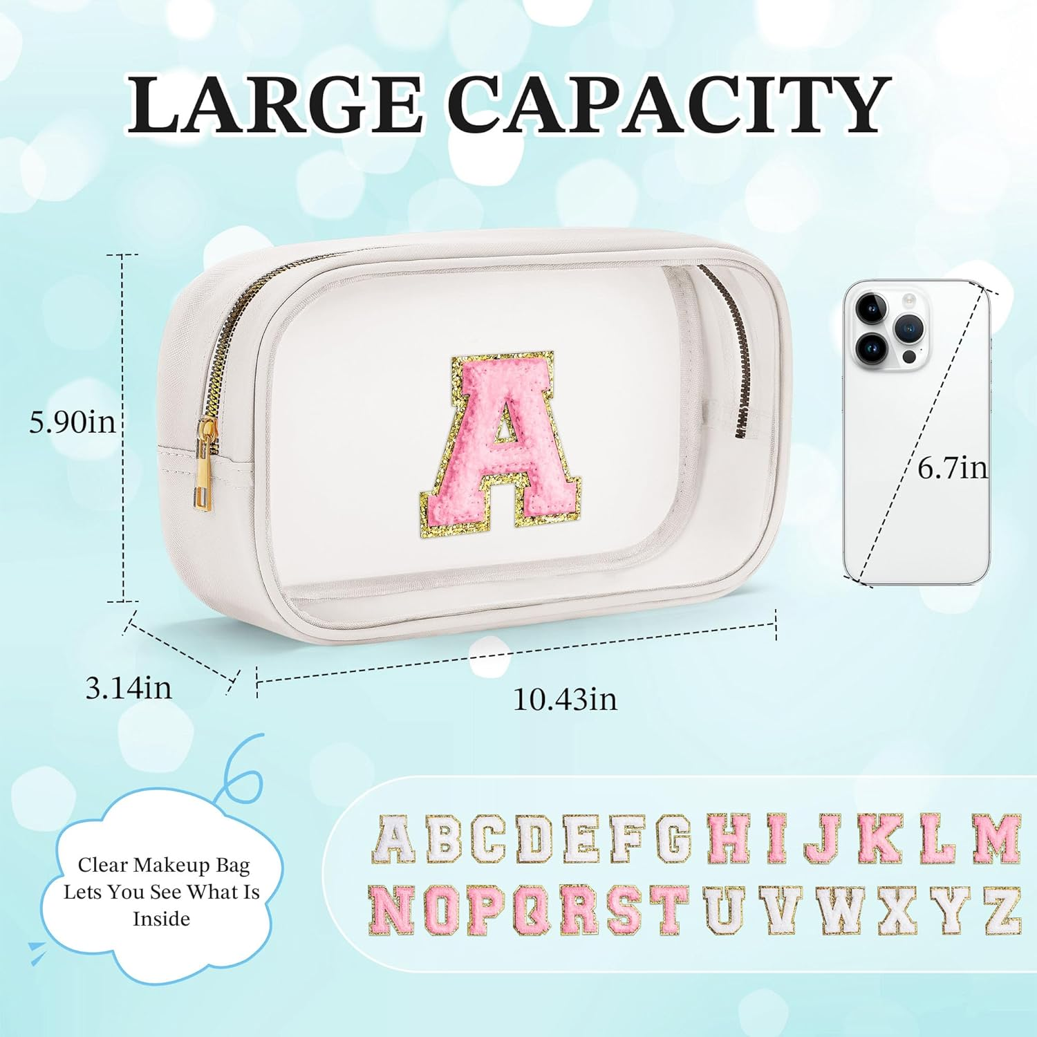 Parima Transparent Cosmetic Bag - Pink Cosmetic Bag Travel Toiletry Bag Large Cosmetic Bag with Letters Gifts for Friends Girls Sister Personalised Cosmetic Bag for Girls Women, White-A - M-Black image number 5