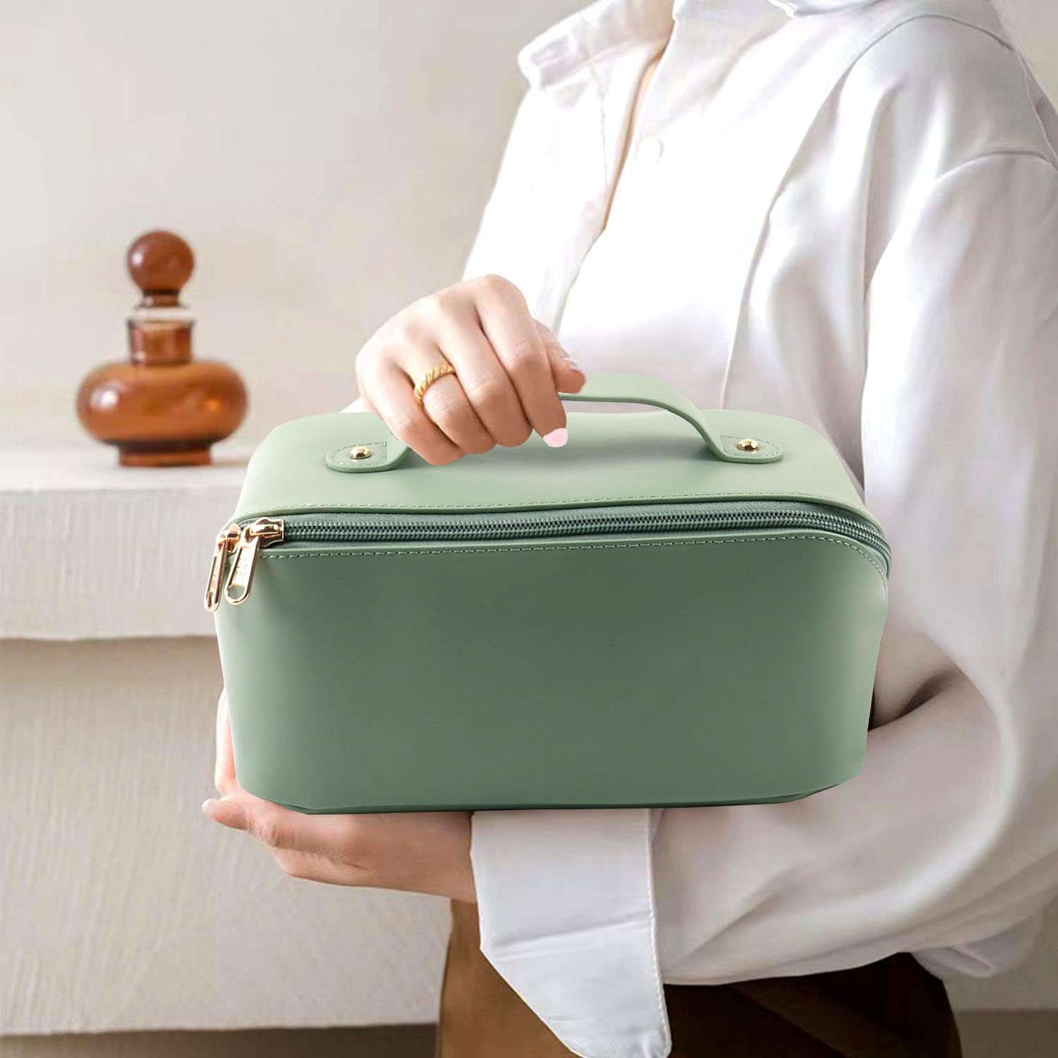 Large Capacity Cosmetic Bag, Travel Cosmetic Storage Bag with Handle, Portable Zipper Cosmetic Bag Toiletry Bag Makeup Bag Large with Compartments for Women Girls, Green, Large Capacity Cosmetic Bag - Blue image number 5