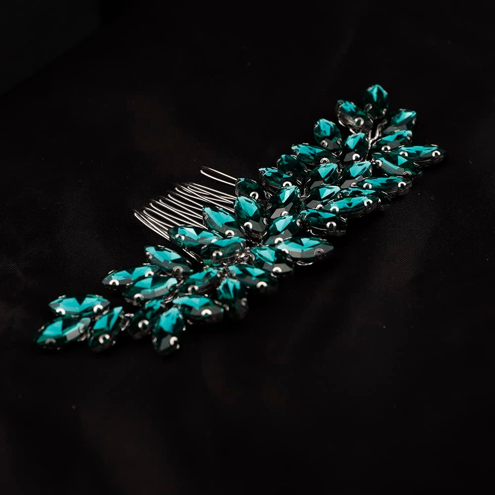 Teyglen Women'S Dainty Simple Rhinestone Hair Comb - Luxurious Shiny Bridal Side Hair Accessory for Weddings (Silver-Green) - Blue image number 6