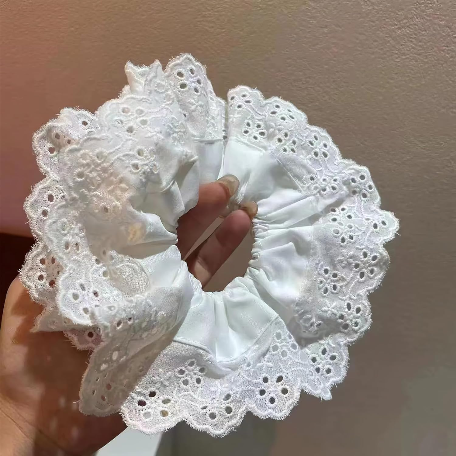 White Lace Scrunchies Large Elastic Hair Ties Ropes Hair Scrunchies, White Large Hair Scrunchies, Bobbles Ponytail Holders for Thick Hair, Thick Hair Bulk Scrunchies Accessories for Girl Women image number 5