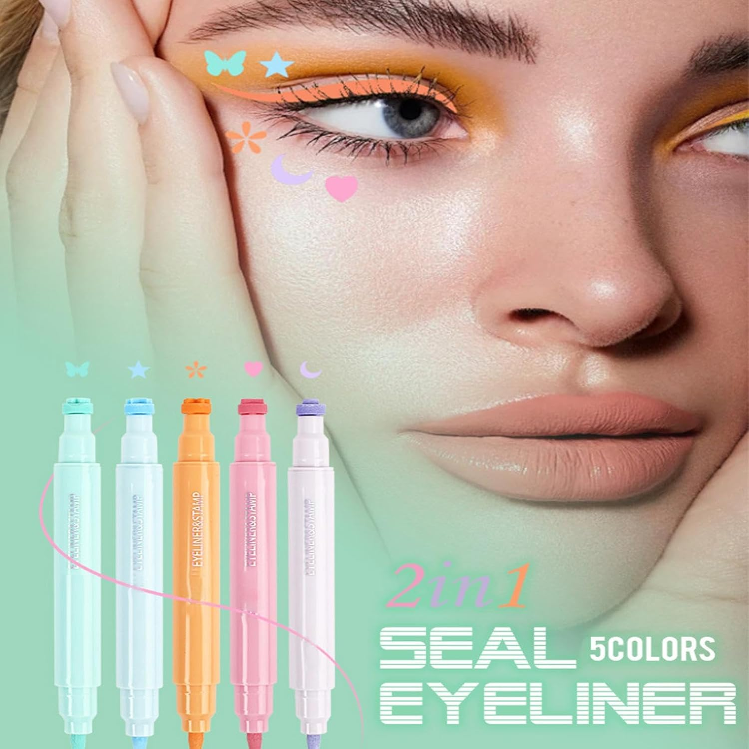 5-Piece Liquid Colored Eye Liner Stamps, Winged Eye Liner Stamp, Waterproof Eye-Lid Makeup Pen Set, Long-Lasting/Quick-Drying, Double-Ended 2In1 Pens, 1.2Ml for Daily, Casual, Festival Makeup image number 2