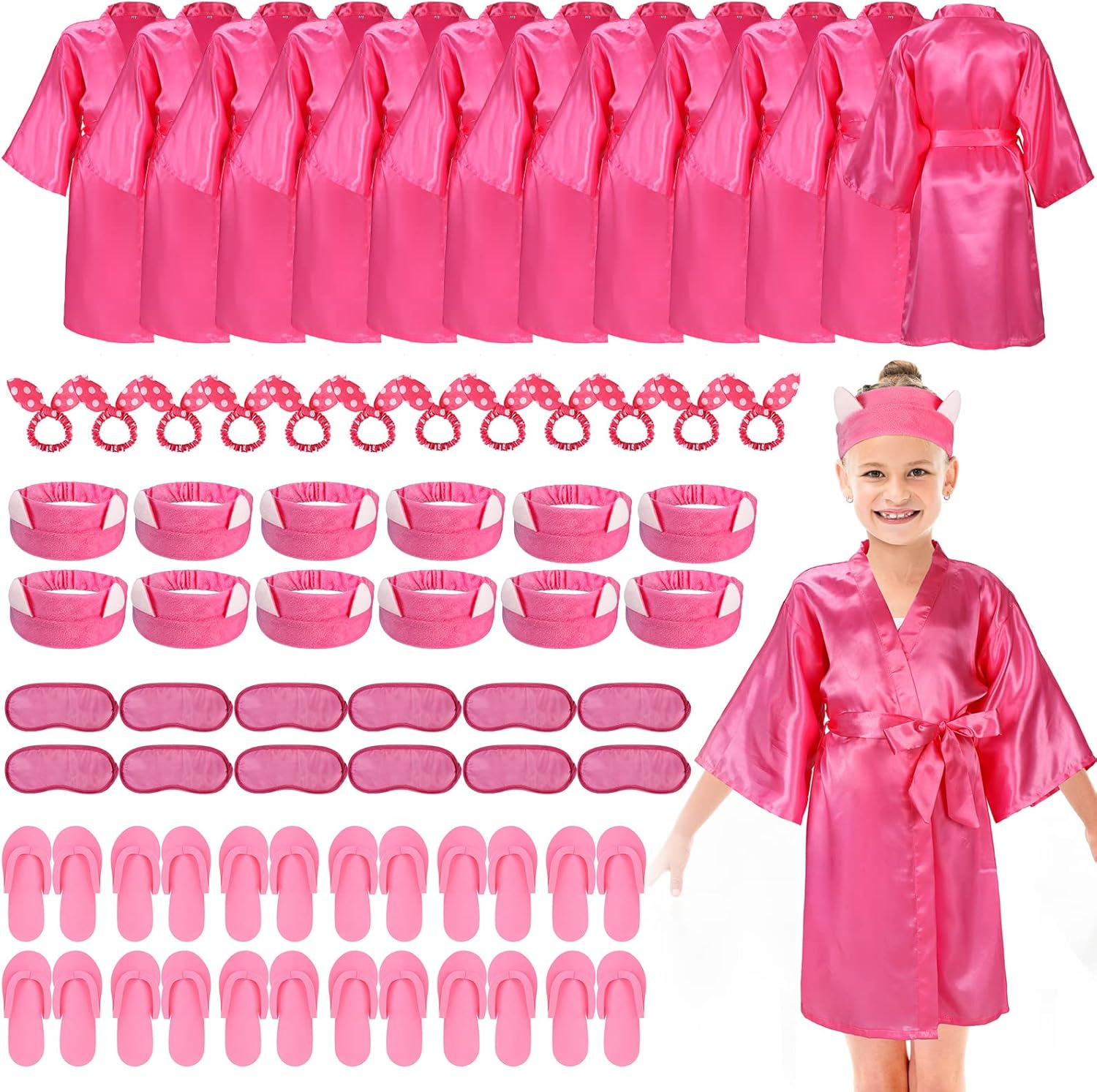 60 Pcs Spa Party Supplies for Girls Satin Kimono Robe Disposable Foam Slippers Eye Mask Spa Headband Bow Hair Band Kid Salon