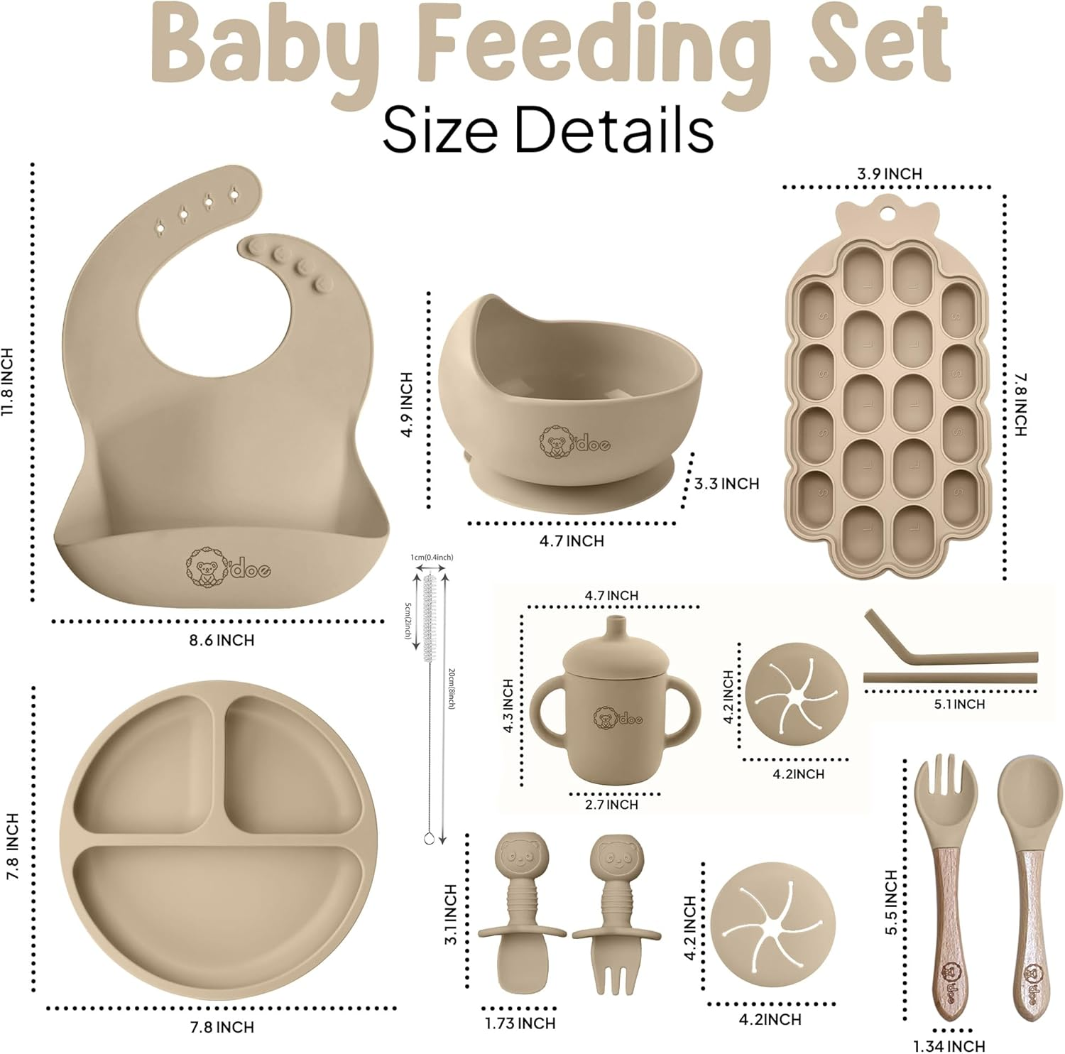 15 Pcs Silicone Baby Feeding Set with Suction Plate, Bowl, Bib, Sippy Cup, Fruit Feeder, Freezer Tray &ndash; Baby Plates and Bowls Set (Beige, V5: Nurture Pack [15 Pieces]) image number 5
