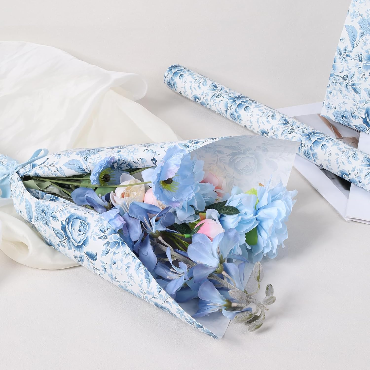 WRAPLA Floral Wrapping Paper Roll - 43Cmx10M Blue White Flowers Design Chinoiserie Gift Wrap Stone Paper for Wedding, Bridal Shower, Mothers Day(17In X 33Ft) - Pink Watercolor Rose image number 3