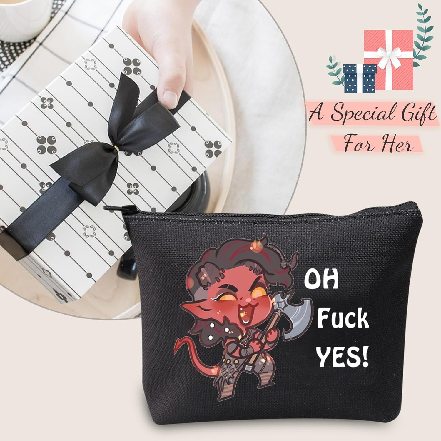 JXGZSO Oh F Yes Karlach Inspired Cosmetic Bag Funny RPG Gamer Gift BG3 Tiefling Makeup Bag, Oh F Yes Karlach Black, Zipper Makeup Bag