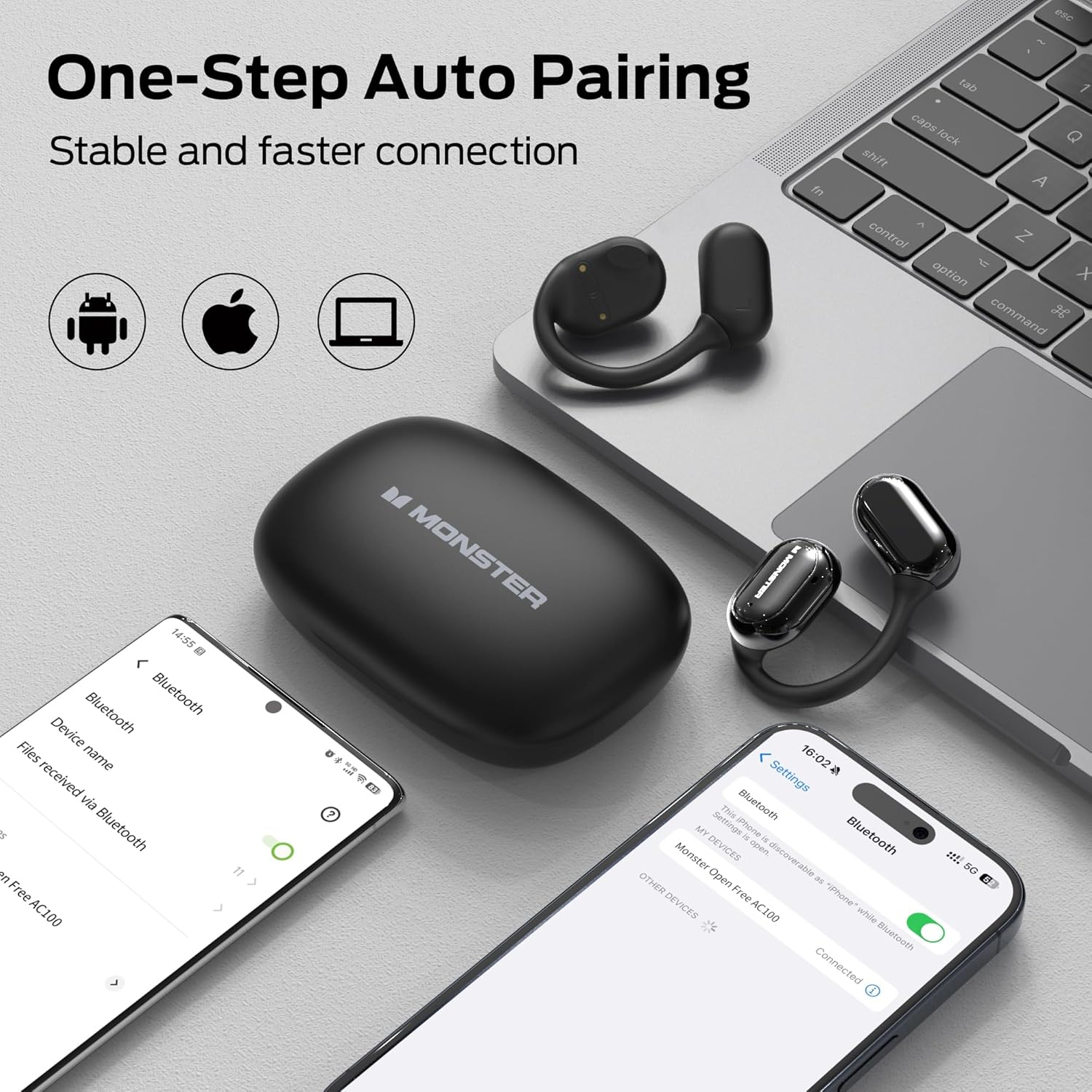 Monster Open Free AC100 Open Ear Headphones, Bluetooth 5.3 Wireless Headphones with Earhooks, Immersive Stereo Sound by Dual Large Driver, Clear Talk, 30H Playtime,Waterproof Sport Earbuds for Running image number 4