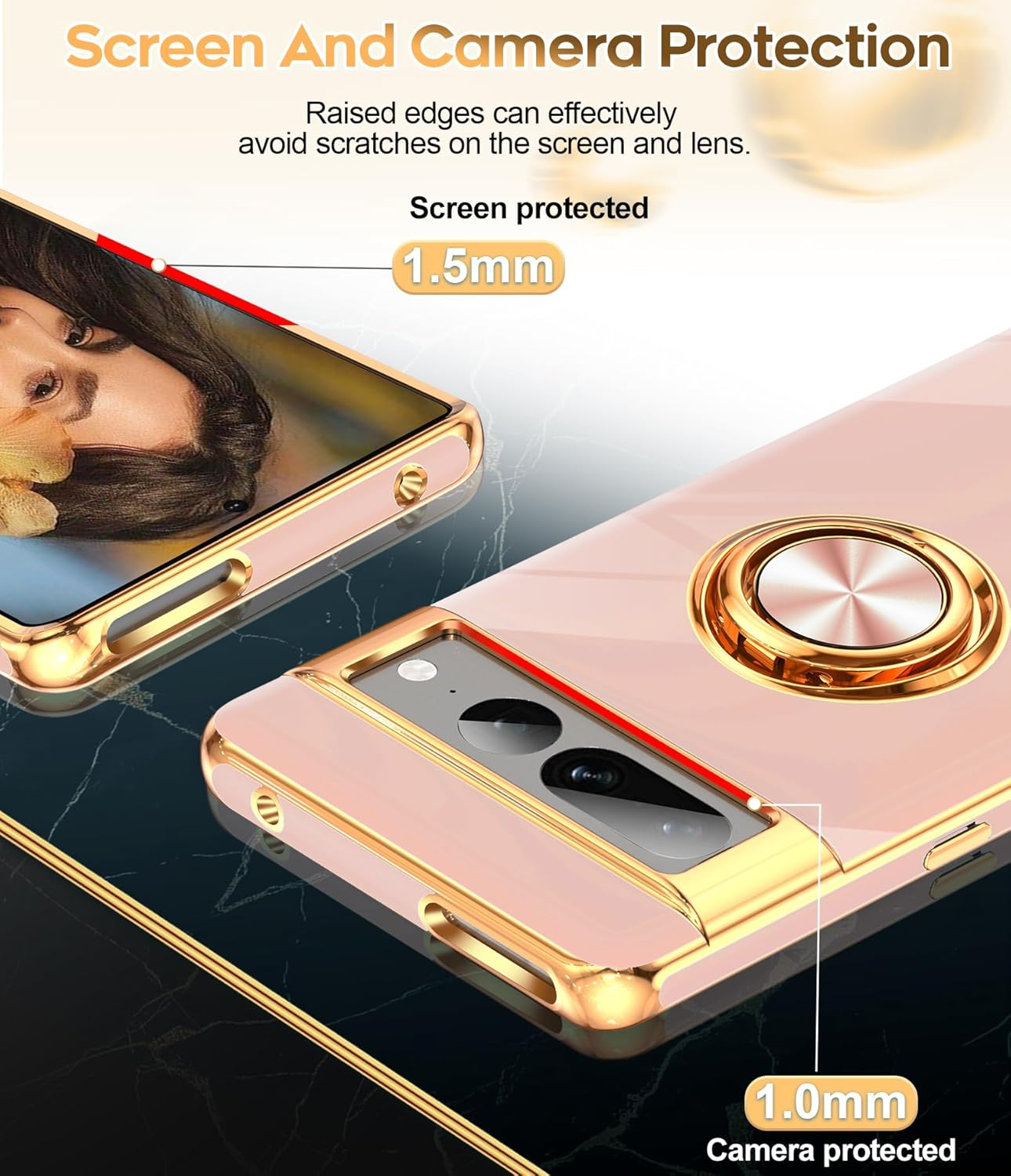 Leyi for Google Pixel 7 Pro Case: 360&deg; Rotatable Ring Holder Magnetic Kickstand, Plating Rose Gold Edge Protective Google Pixel 7 Pro Case, Pink image number 2