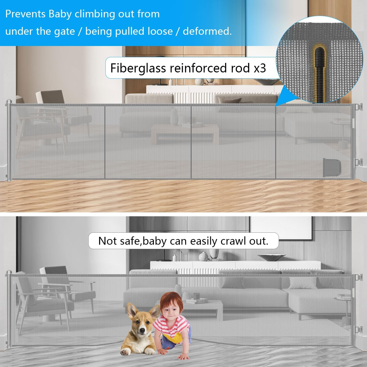 Universal Fit Retractable Baby Gate - Extra Wide Coverage up to 177" - Easy Install Durable Mesh Material for Dogs Indoor with Door (Grey, 86CM X 450CM) image number 2