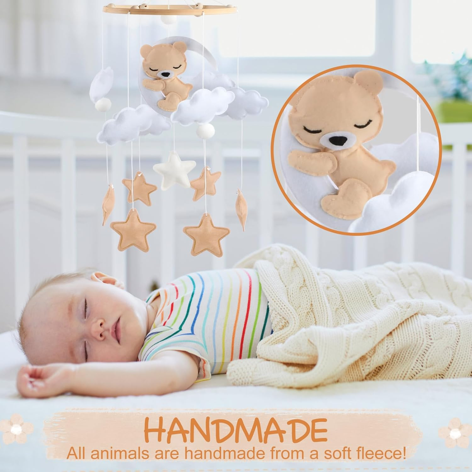 Felt & Wood Baby Mobile for Baby Cot - Snoozing Bear, Handmade, Montessori Hanging Mobile, Sensory Toy for Newborns, Nursery Decoration, Baby Shower Gift (Brown) image number 2