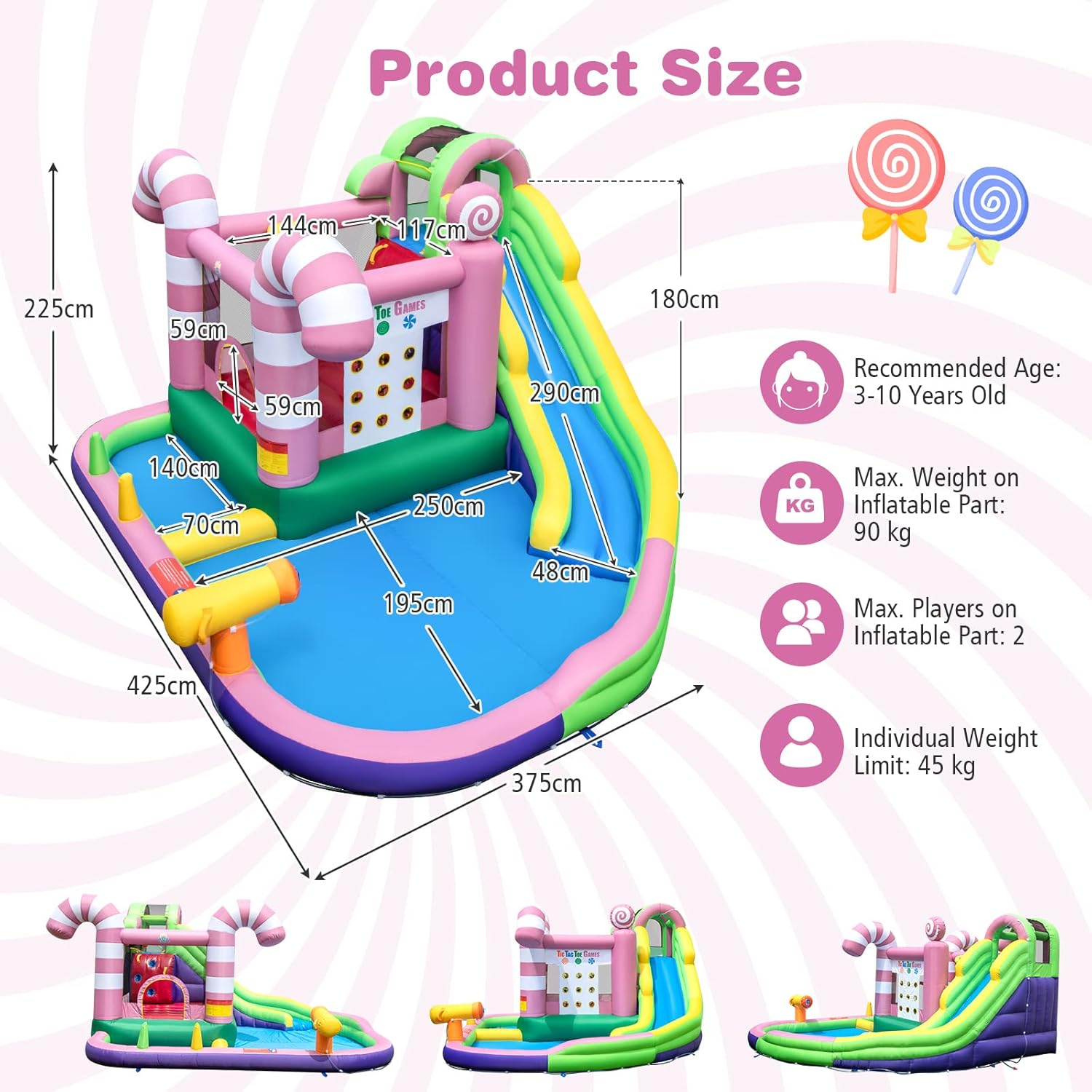 HONEY JOY Inflatable Water Slide, Wet Dry Inflatable Water Park Jumping Castle W/Long Slide, Splash Pool, Water Gun, Basketball Hoop, Climbing Wall, Ring-Toss Game, Tic Tac Toe Game (With 680W Blower) image number 3