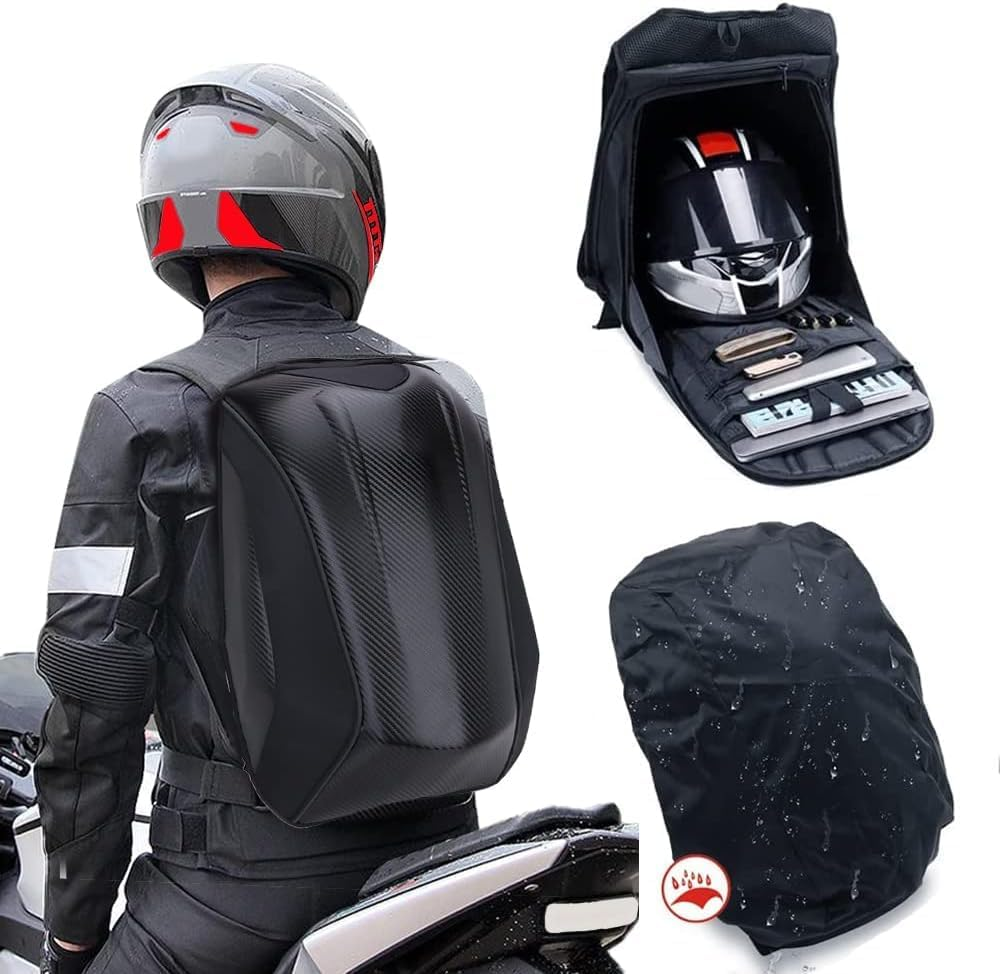 Motorcycle Backpack Waterproof Hard Shell Backpack - Carbon Fiber Motorbike Helmet Backpack Waterproof Large Capacity - Riding Laptop Bag for Travelling Camping Cycling Storage Bag image number 5