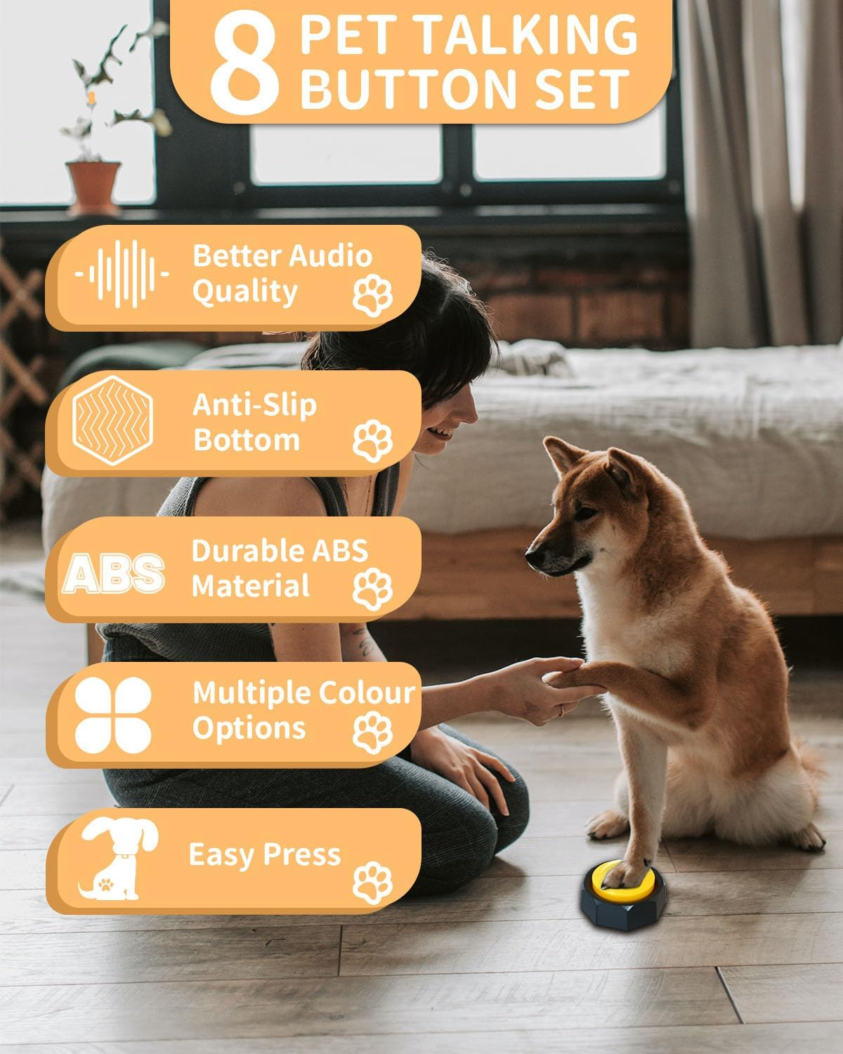 MMGGAISH 8 Dog Buttons, Talking Dog Buttons, 30 Seconds Dog Buttons, 4 Multidirectional Patchwork Dog Button Pads and 50 Stickers to Teach Your Dog to Speak image number 1