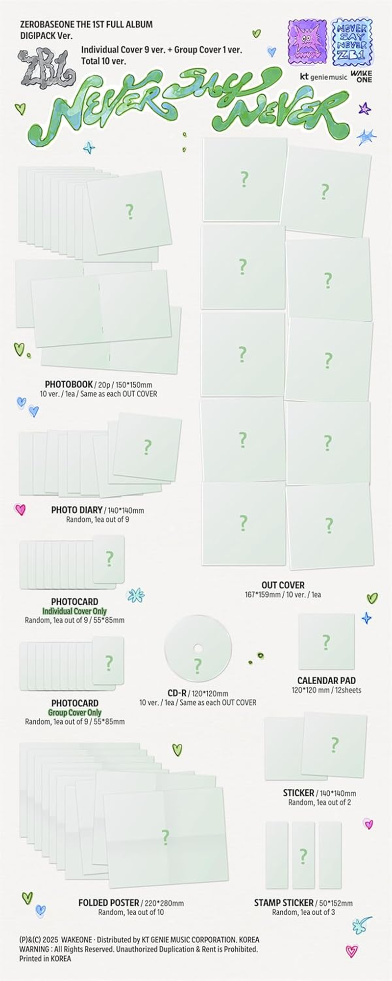 ZEROBASEONE ZB1 NEVER SAY NEVER 1St Album Digipack Random Version Cd+Photobook+Folded Poster on Pack+Stamp Sticker+Photo Diary+Photocard+Sticker+Calendarcard+Tracking Sealed