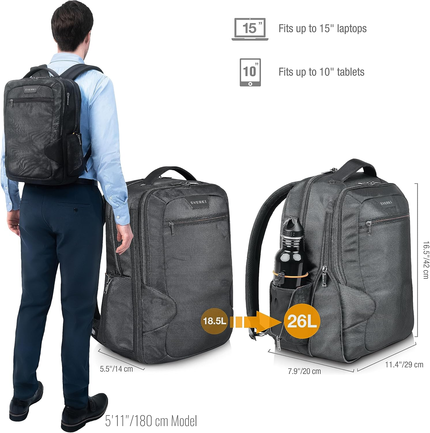 EVERKI Studio Expandable 15 Inch Macbook & Laptop Backpack for Men & Women, Travel Friendly Backpack, Professional Office Backpack for Men, Bookbag and Computer Backpack, Offers 26L Capacity - Black