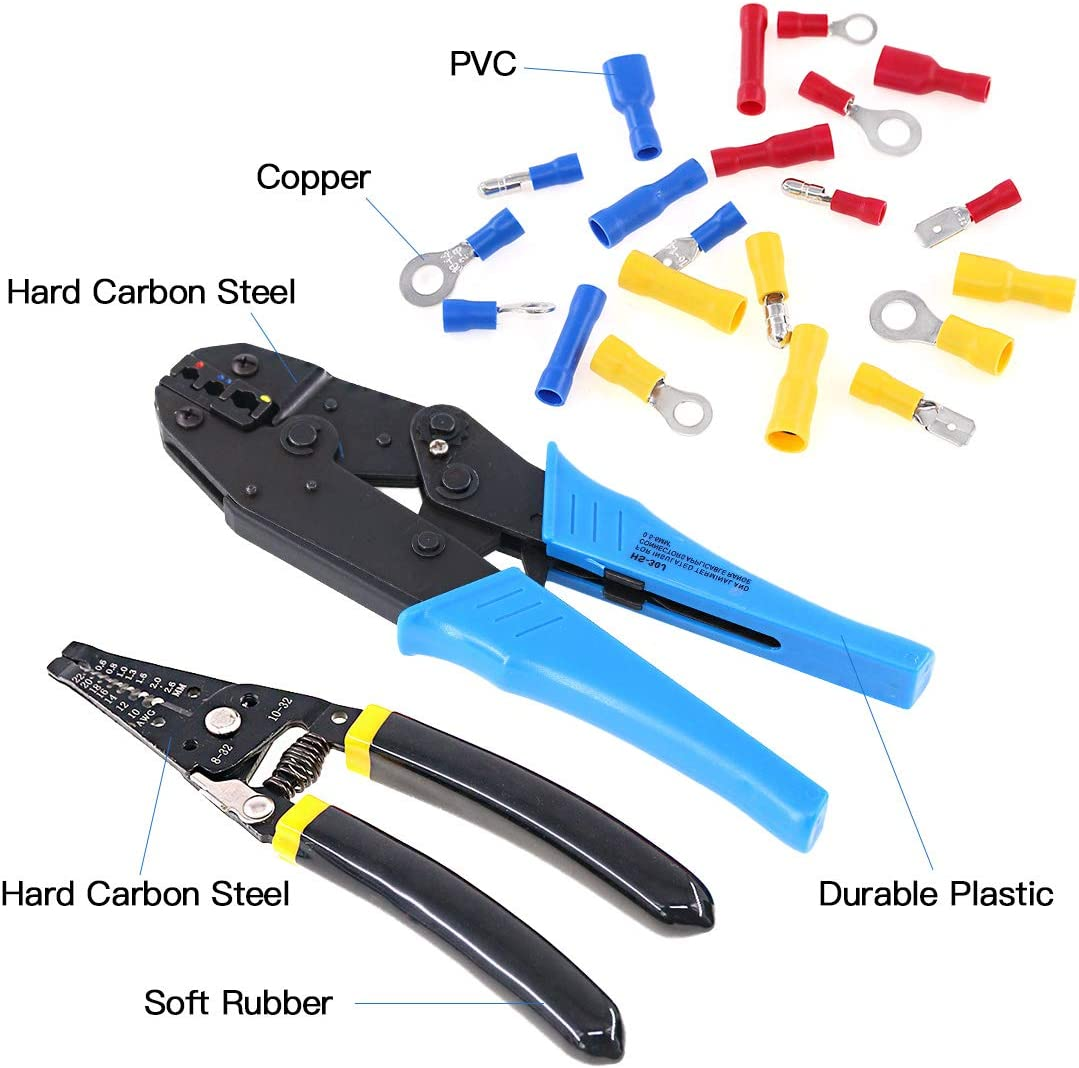 Glarks Professional Self-Adjustable Ratchet Wire Crimping Pliers AWG 22-10 and a Wire Stripper Tool Set with 183 Pieces Insulated Crimp Terminals Connectors Assortment Kit image number 2