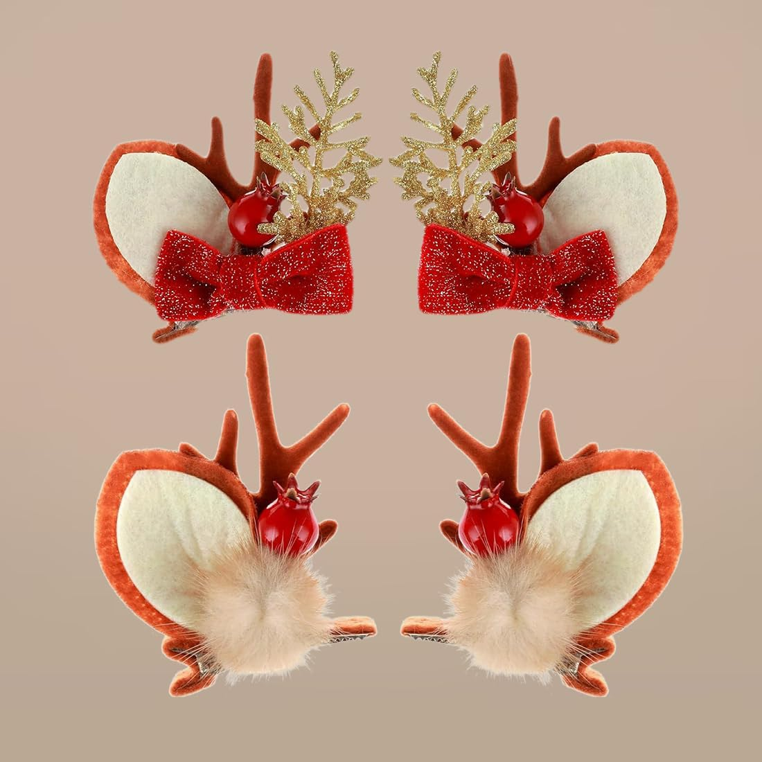 QUOHE Christmas Reindeer Antler Hair Clips, Pack of 4, Brown, All Hair Types, Women & Girls, Hair Clip, Christmas Decoration image number 4