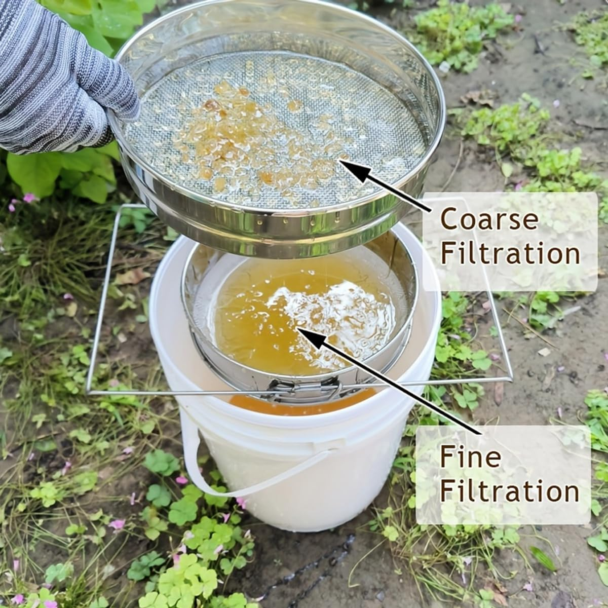 AIMALL Stainless Steel Honey Filter Double Layer Beekeeping Strainer with Coarse and Fine Mesh Screens, Adjustable Stand, 9.13In & 9.44In Diameter for Apiary Use image number 6