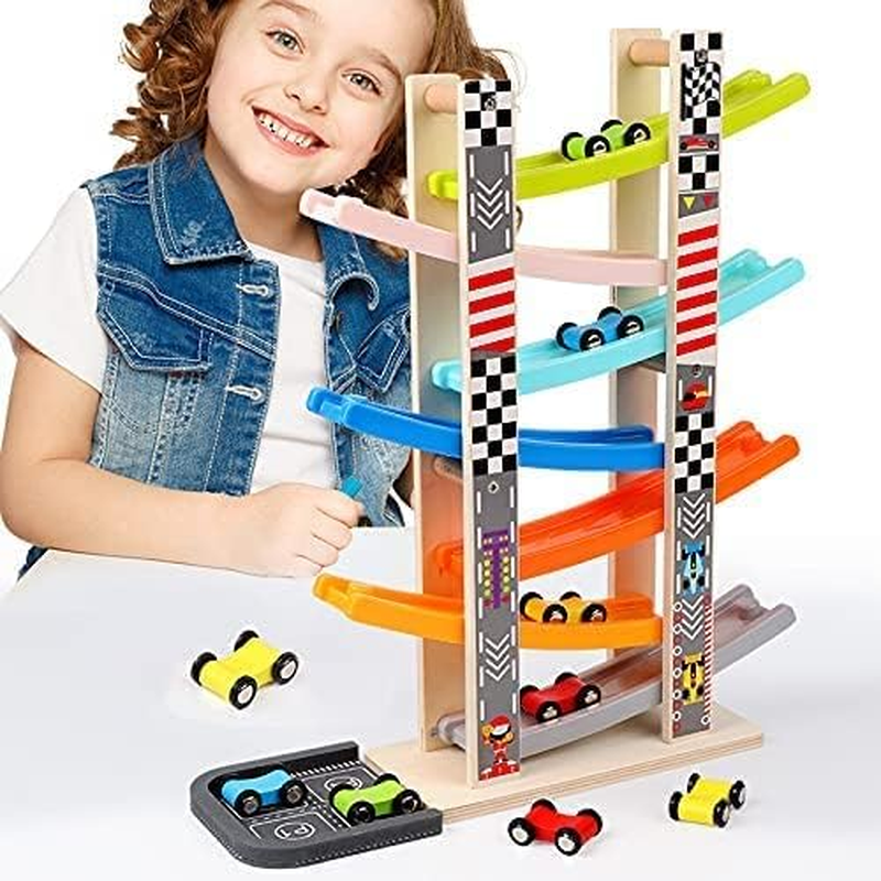 Car Ramp Racer Toy for Toddler - Baby Car Race Track Vehicle Playsets with 6 Wooden Race Cars, 1 Parking Garage, 3 Extra Bridges and 6 Car Ramps for Boys & Girls image number 1