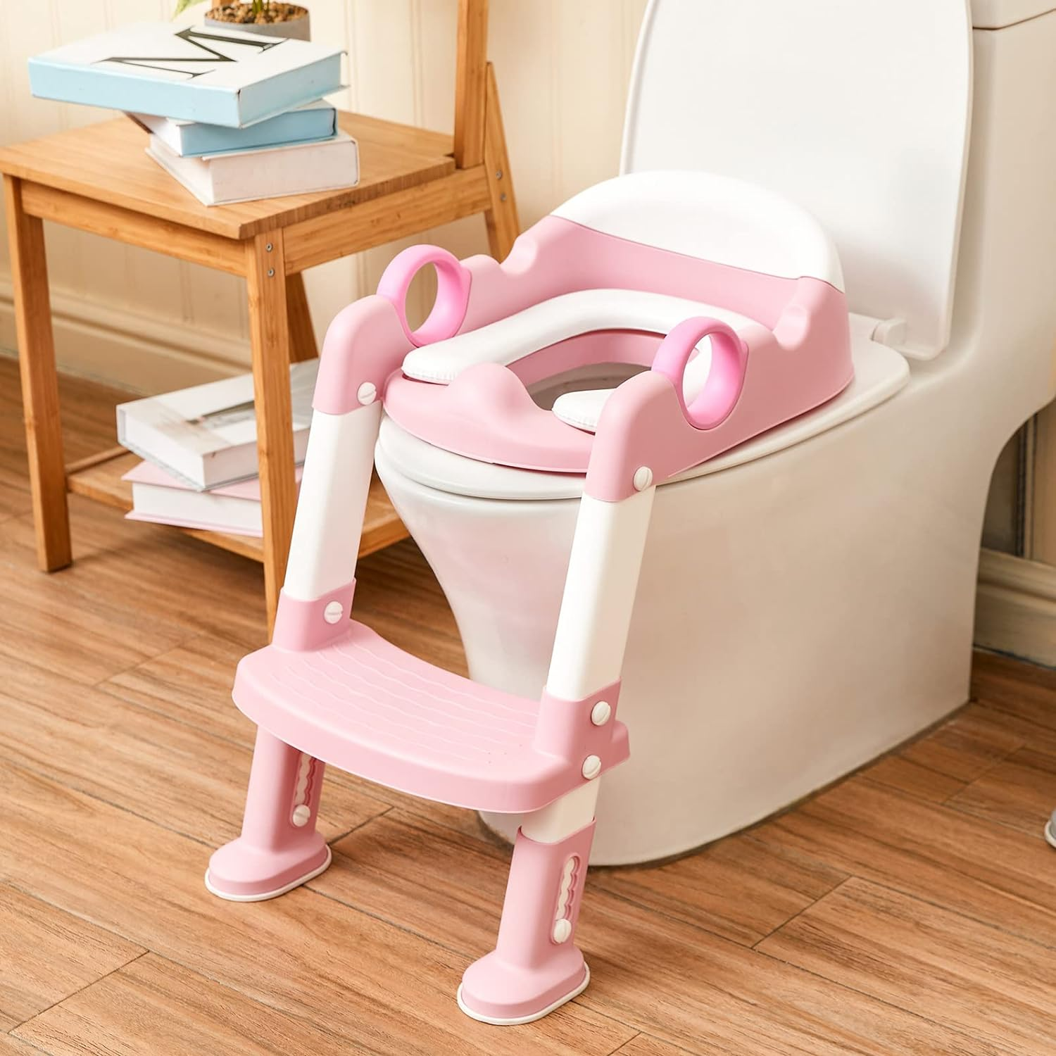 Potty Training Toilet Seat with Step Stool Ladder for Boys and Girls Baby Toddler Kid Children Toilet Training Seat Chair with Handles Padded Seat Non-Slip Wide Step(Pink) image number 2