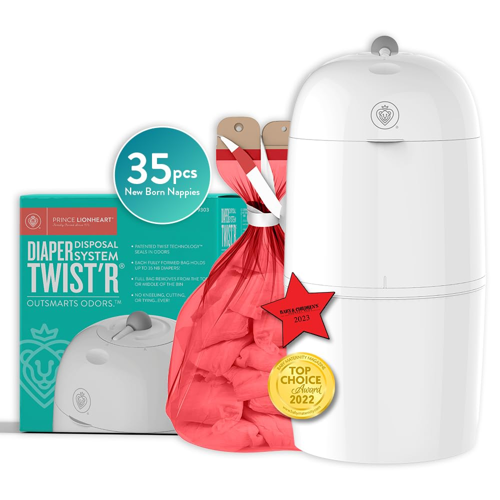 Nappy Bin Patented Diaper Twist'R Bin, Prince Lionheart Nappy Disposable Odor Free, Baby Registry Gift Nursery Essentials, with 2 Refill Bags & 2 Charcoal Sachets image number 3