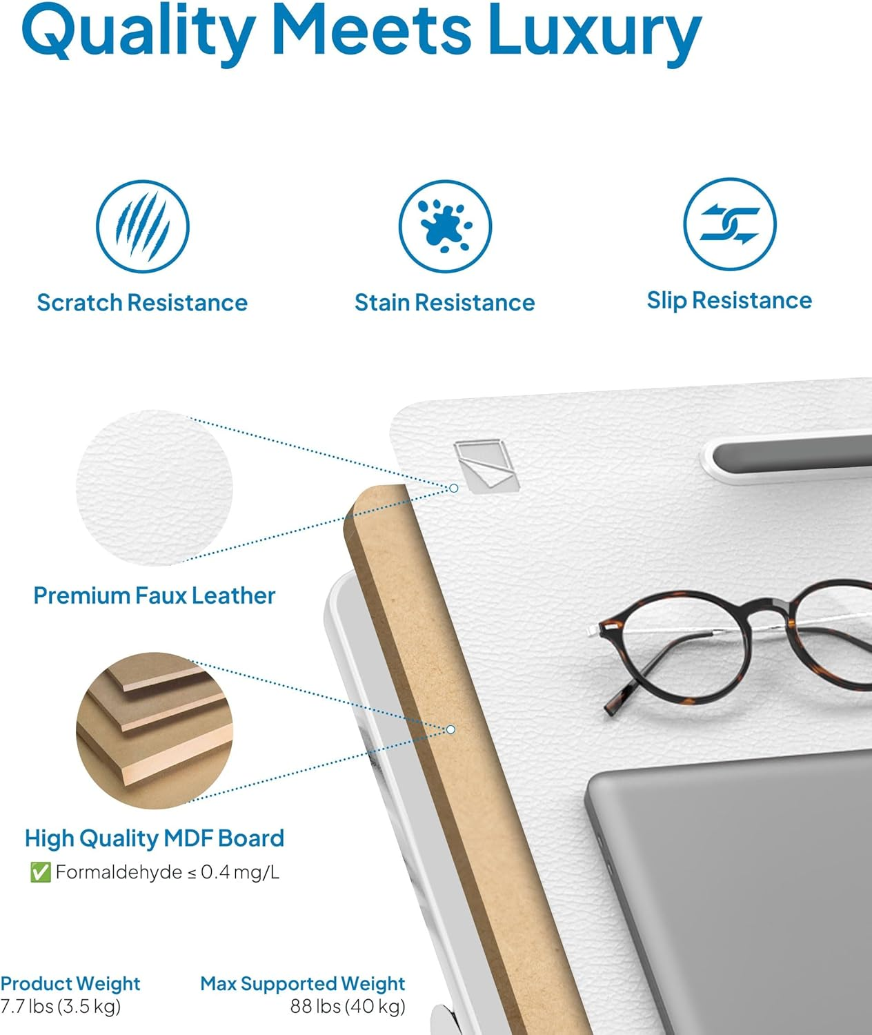 Cooper Deskpro XL 23.6" Ergonomic Adjustable Laptop Bed Desk, Laptop Bed Table | Tray for Eating, Computer, Writing, Floor, Couch | Large Lap Desk for Adults | Leather, Drawer, Book Stand (White) image number 1