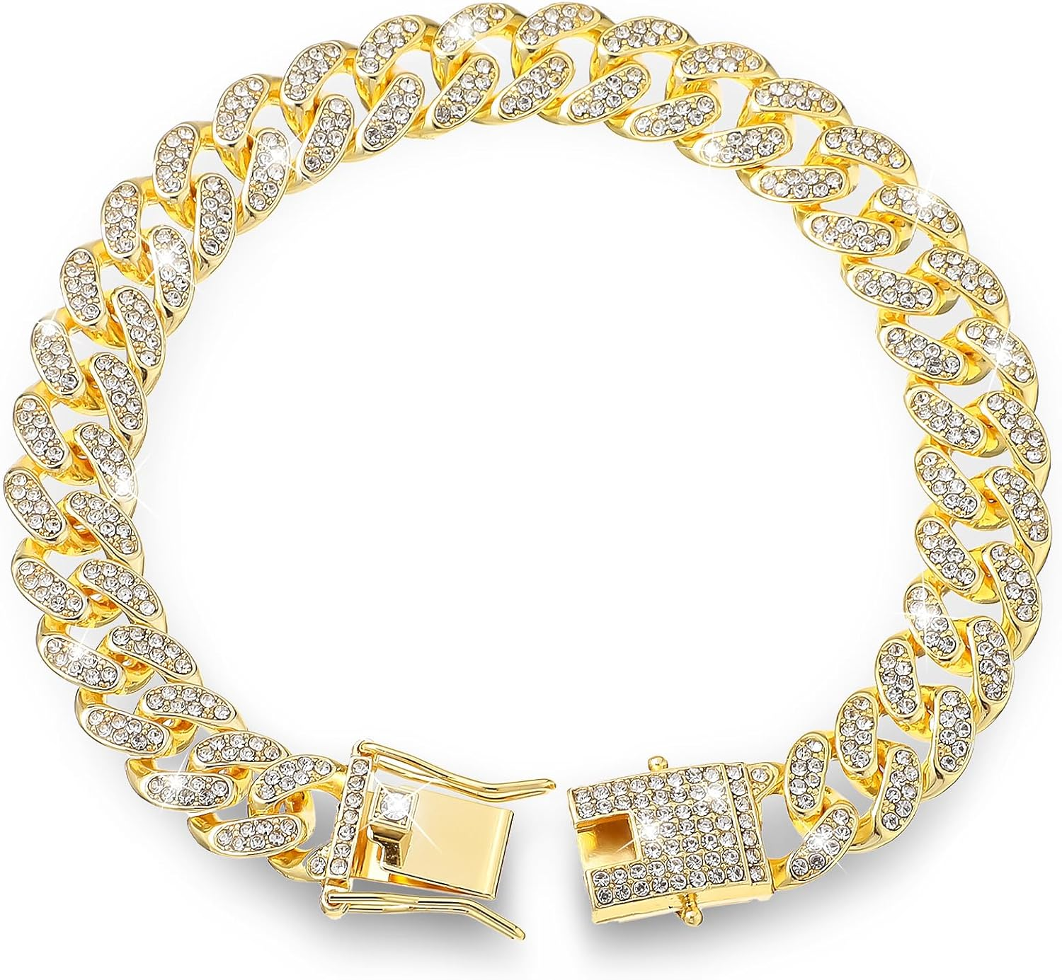 Gold Dog Chain Collar Diamond Cuban Link Dog Collar, 16Mm Wide Dog Necklace Metal Cat Chain Pet Crystal Collar Jewelry Accessories with Design Secure Buckle for Small Medium Large Dogs Cats(10Inch) image number 6