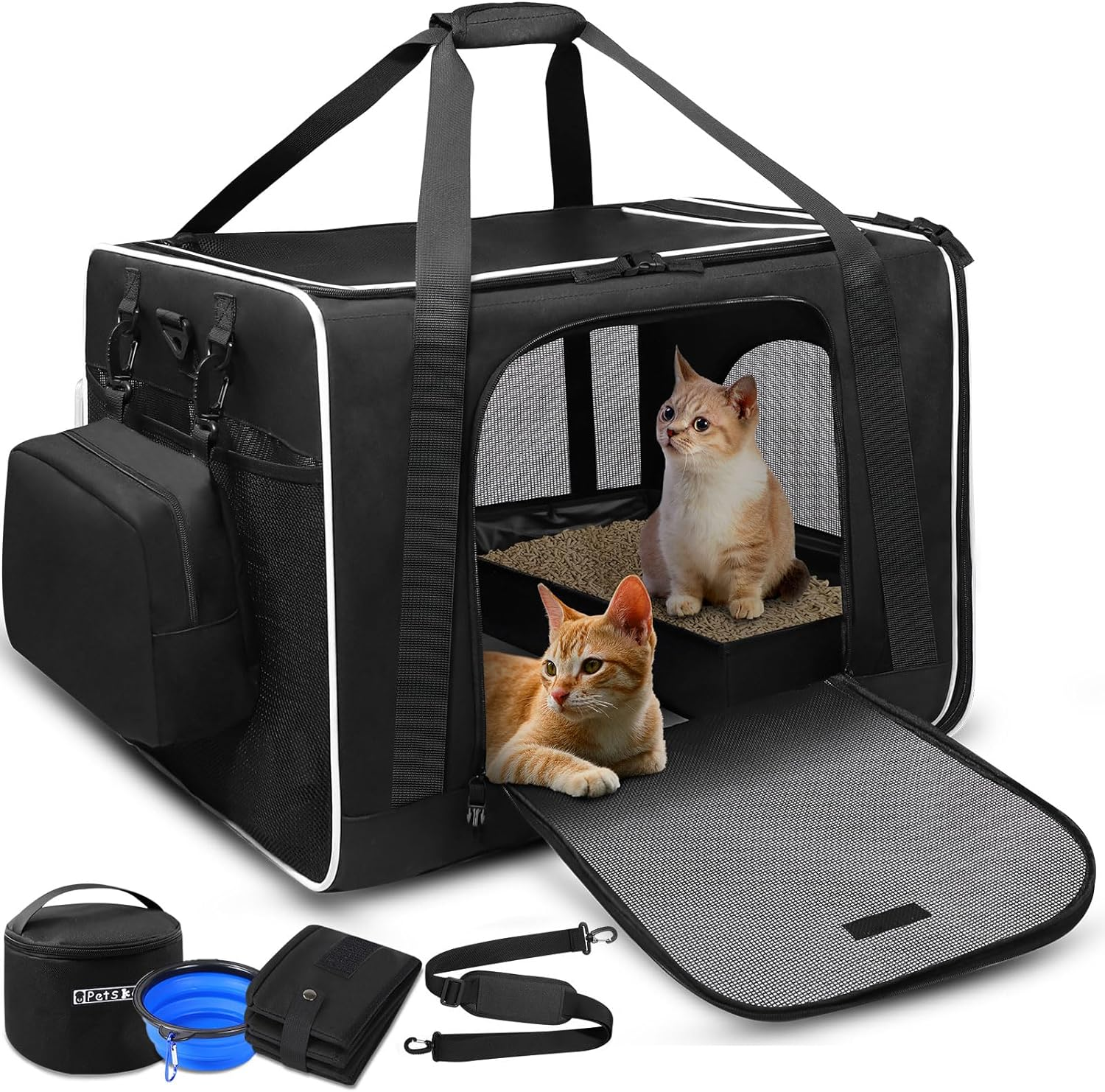 Petskd 24"X17"X17" Pet Carrier for Large Cats or Medium Dogs - Car Travel Carrier with Litter Box, Bowl, and Locking Zipper