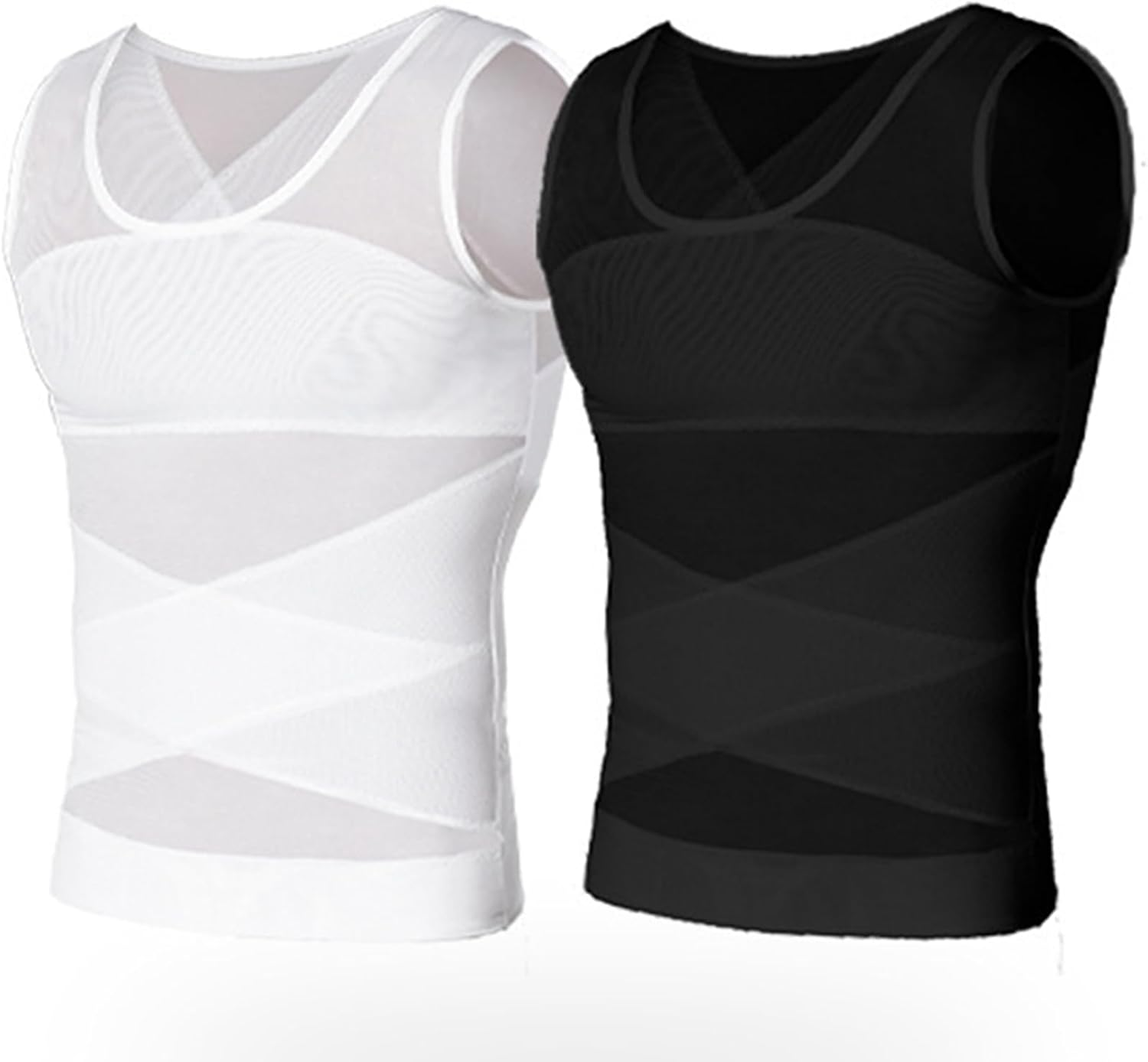Feimvbe 2 Pieces Compression Shirt for Men Mesh Vest Sleeveless Tank Tops Men Shirt Mens Shapewear Tight Tummy Control Vest Slimming Vest image number 2