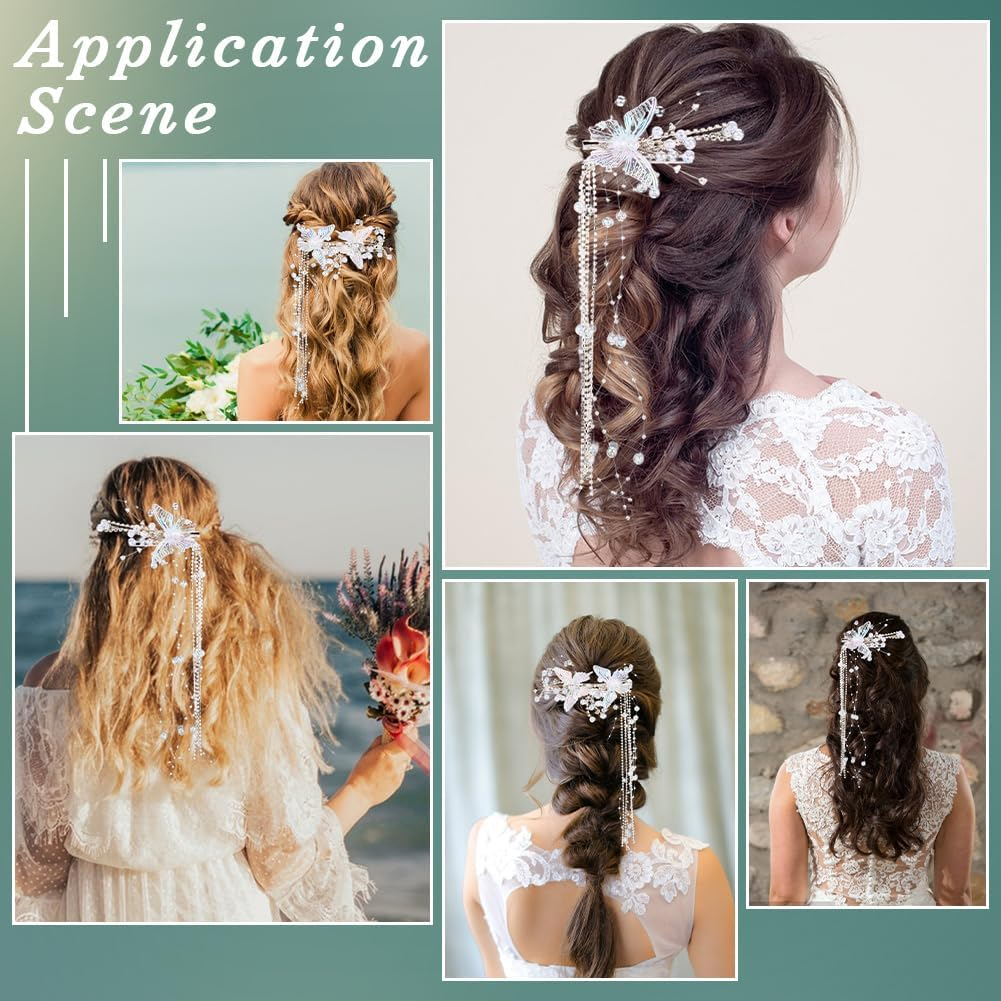 CABODYALS Set of 2 Butterfly Tassels Hair Clips with White Pearls Rhinestone Crystal Beads Decorative Hair Pins for Weddings Hair Clips Jewellery Set for Women Bridal Shower Wedding Dresses Cosplay image number 2