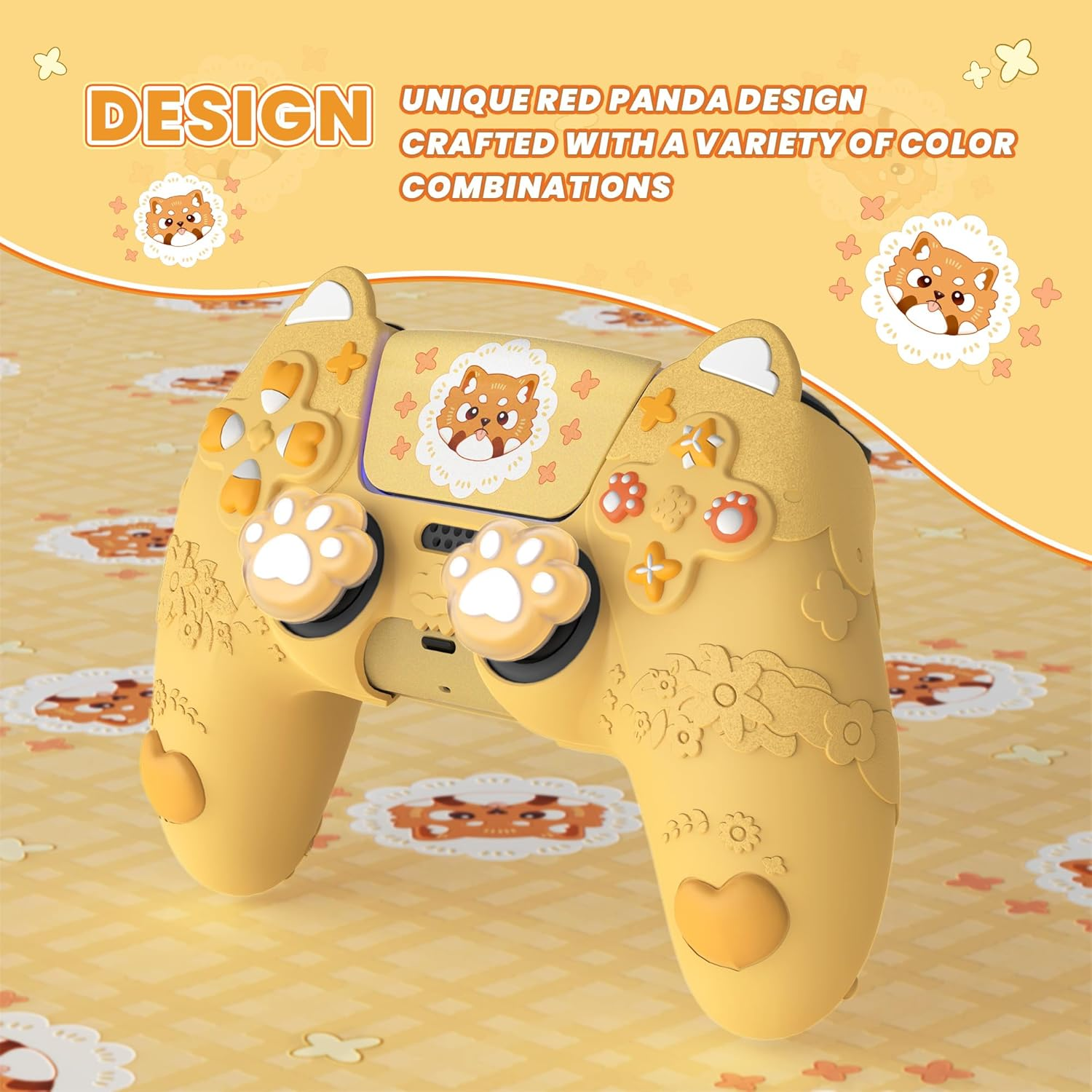 Playvital Cute Spring Lesser Panda Silicone Cover for Ps5 Controller with Joystick Cap and Sticker, Anti-Grip Shockproof Skin, Compatible with Charging Station, Warm Yellow image number 2