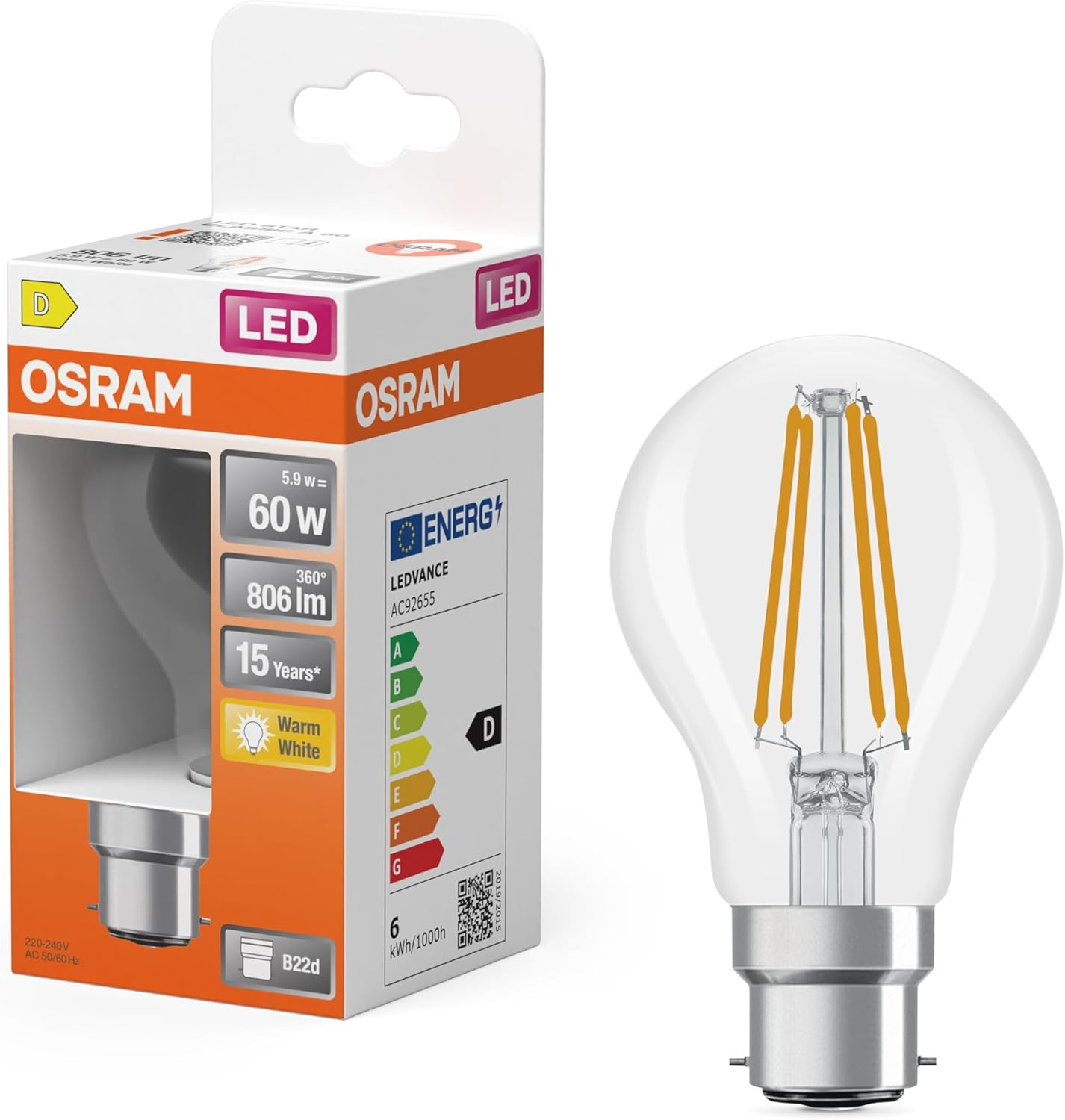 OSRAM LED Retrofit Classic a 5.9 W 827 Clear B22D image number 1