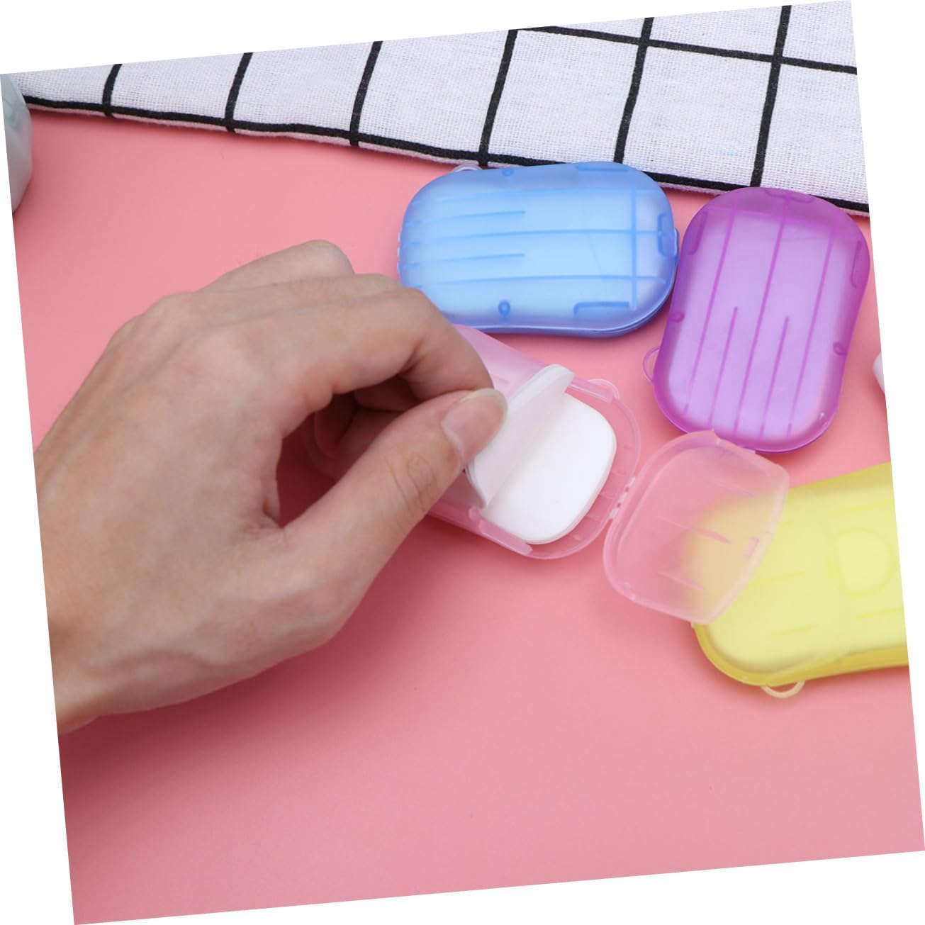 NAMOARLY 8Pcs Boxed Travel Soap Sheets Portable Hand Washing Tablets Paper Soap Flakes Safe for Face Hand Wash Compact Plastic Box for Outdoor Activities Color image number 6