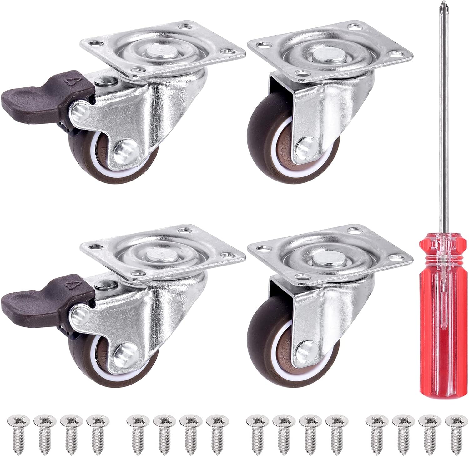 Swpeet 21Pcs 1 Inch Swivel Caster Wheels Set, Heavy Duty No Noise Rubber Casters 2 with Brakes 2 without Brakes, Locking Casters with Screws and Screwdrvier, Swivel Plate Castor Wheels for Furniture