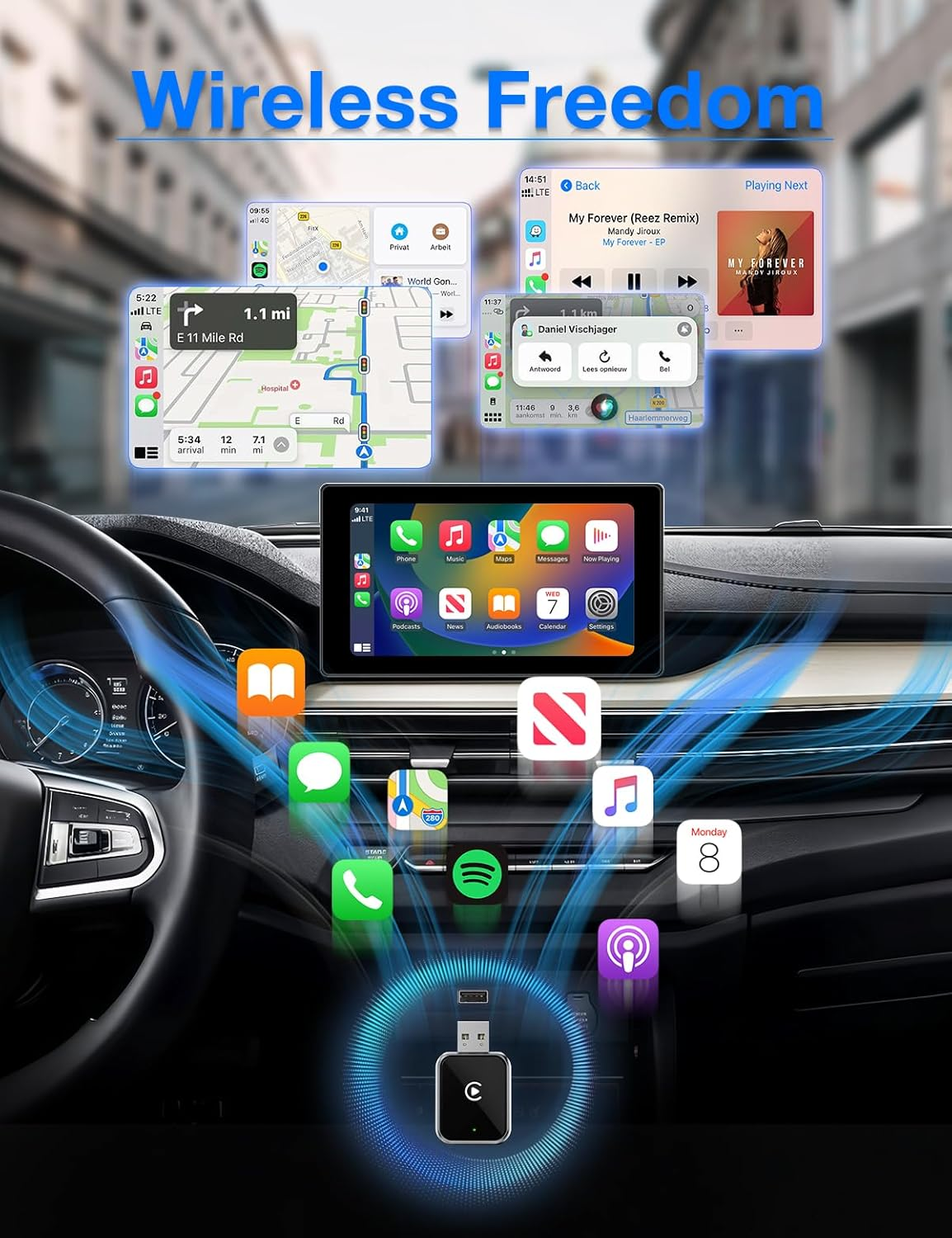 Duduma Wireless Carplay Adapter for Iphone - Convert Wired to Wireless Car Play Wireless Adapter Mini Size with Extension Cable USB & USB-C Fast Auto Connection & No Delay image number 4