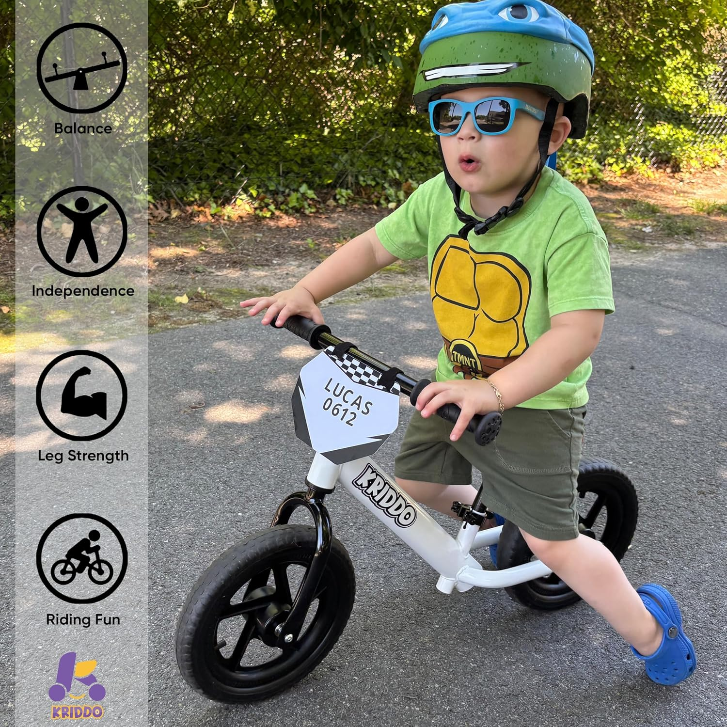 KRIDDO Toddler Balance Bike 2 Year Old, Age 24 Months to 5 Years Old, 12 Inch Push Bicycle with Customize Plate (3 Sets of Stickers Included), Gift Bike for 2-3 Boys Girls