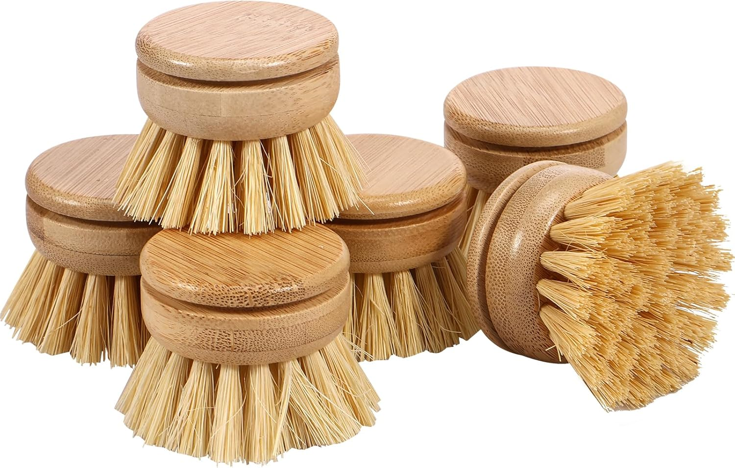Bamboo Dish Brush,6 Replacement Heads,Natural Washing up Brushes Heads,Soft Sisal Bristle Dish Scrubber, Dish Scrub Brush Replacement Brush Refill,Palm Brush for Kitchen Cleaning Pots Pans