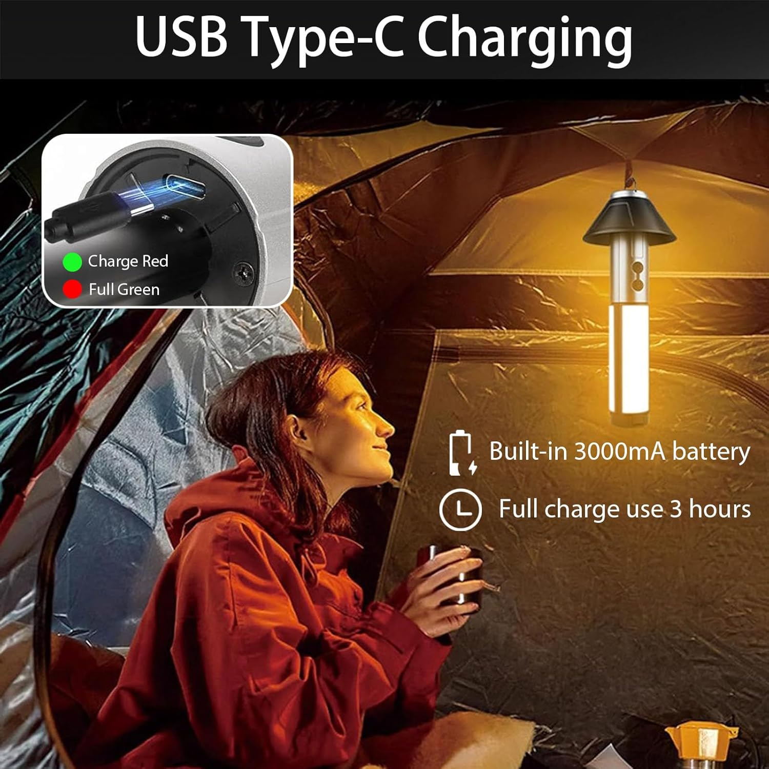 SWNEPOF Rechargeable Camping Lantern with 3000Mah Battery, Telescopic Triple LED Heads Flashlight, 5 Lighting Modes, IPX4 Waterproof Portable Collapsible Light for Camping, Hiking, Emergency Use image number 3